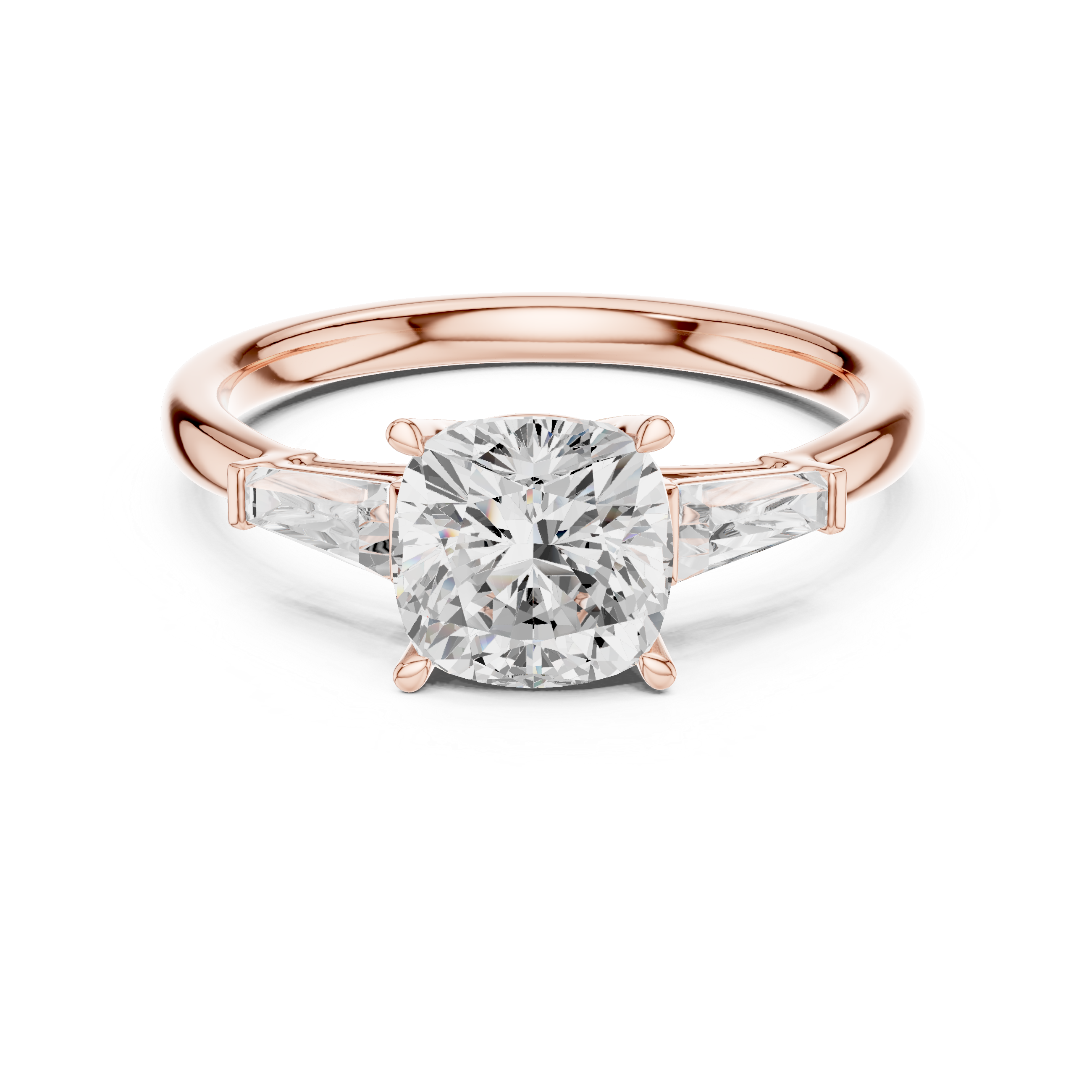 Cushion Cut Three Stone Diamond Engagement Ring with Tapered Baguette Side Stones