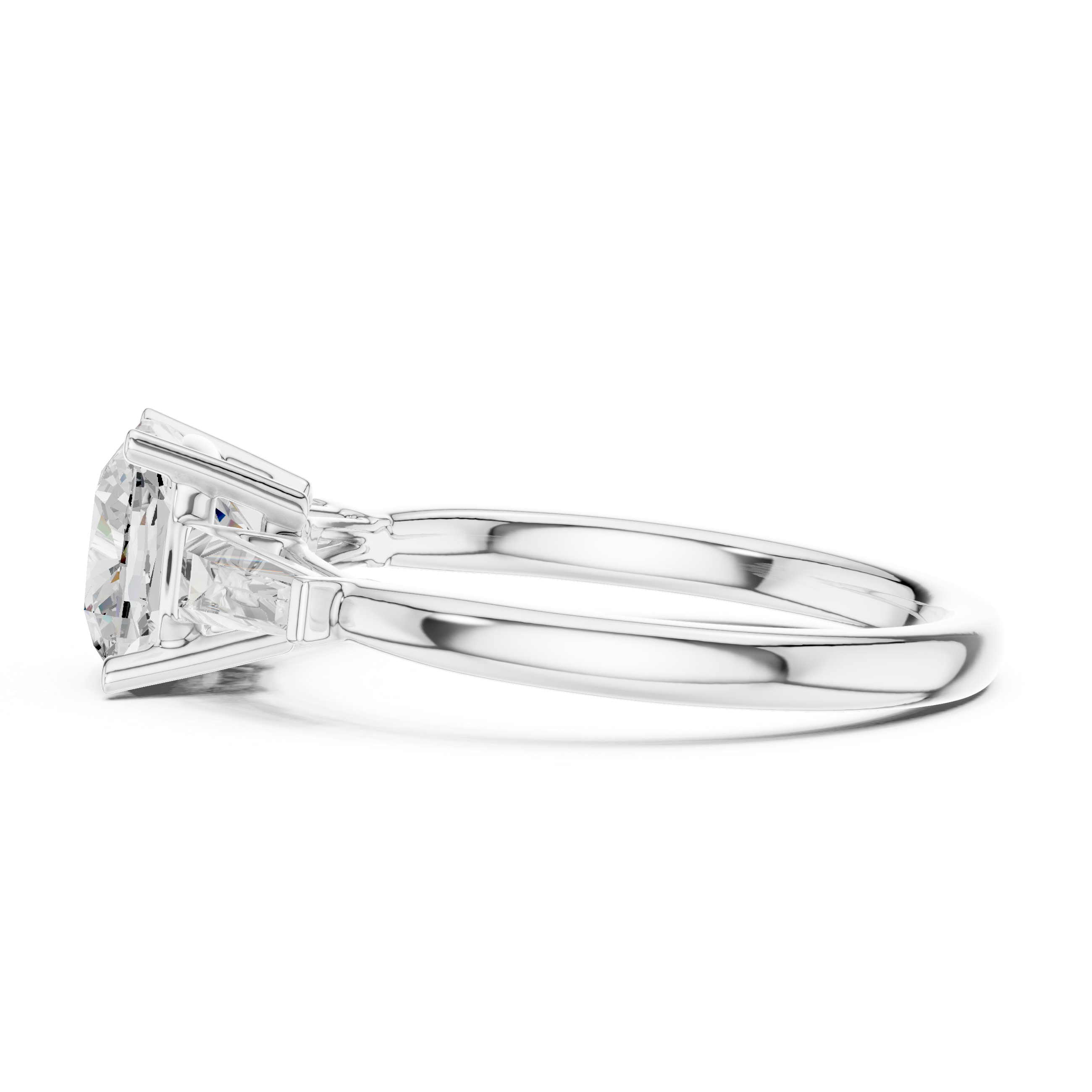 Cushion Cut Three Stone Diamond Engagement Ring with Tapered Baguette Side Stones