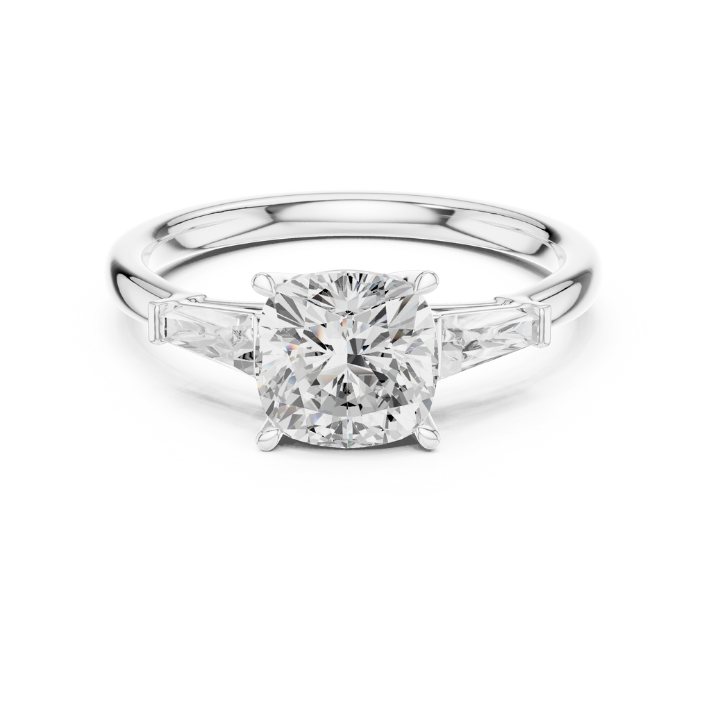 Cushion Cut Three Stone Diamond Engagement Ring with Tapered Baguette Side Stones