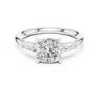 Cushion Cut Three Stone Diamond Engagement Ring with Tapered Baguette Side Stones