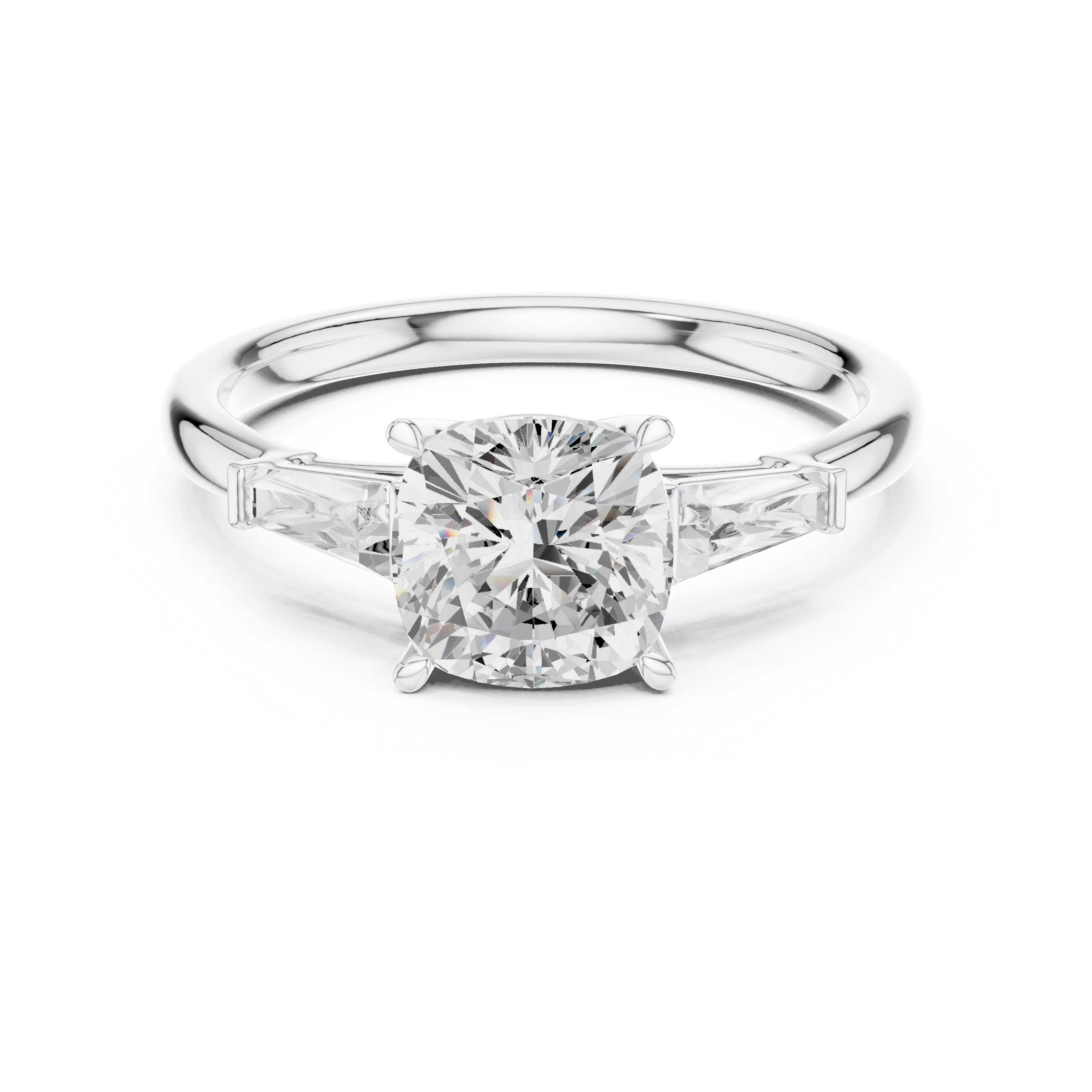 Cushion Cut Three Stone Diamond Engagement Ring with Tapered Baguette Side Stones