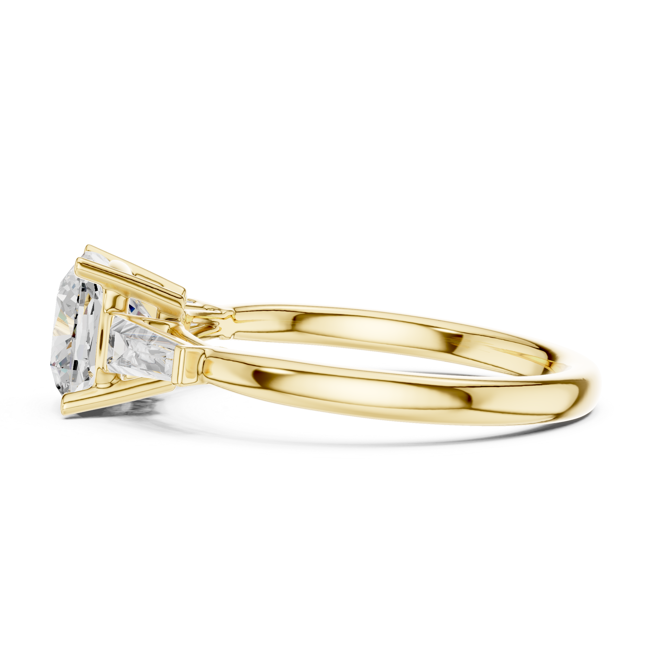 Cushion Cut Three Stone Diamond Engagement Ring with Tapered Baguette Side Stones