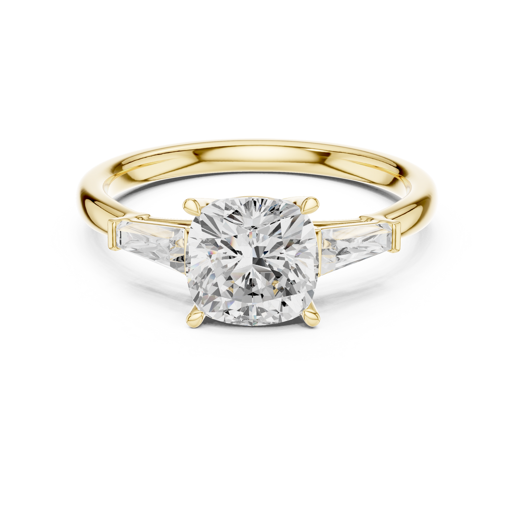 Cushion Cut Three Stone Diamond Engagement Ring with Tapered Baguette Side Stones