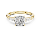 Cushion Cut Three Stone Diamond Engagement Ring with Tapered Baguette Side Stones