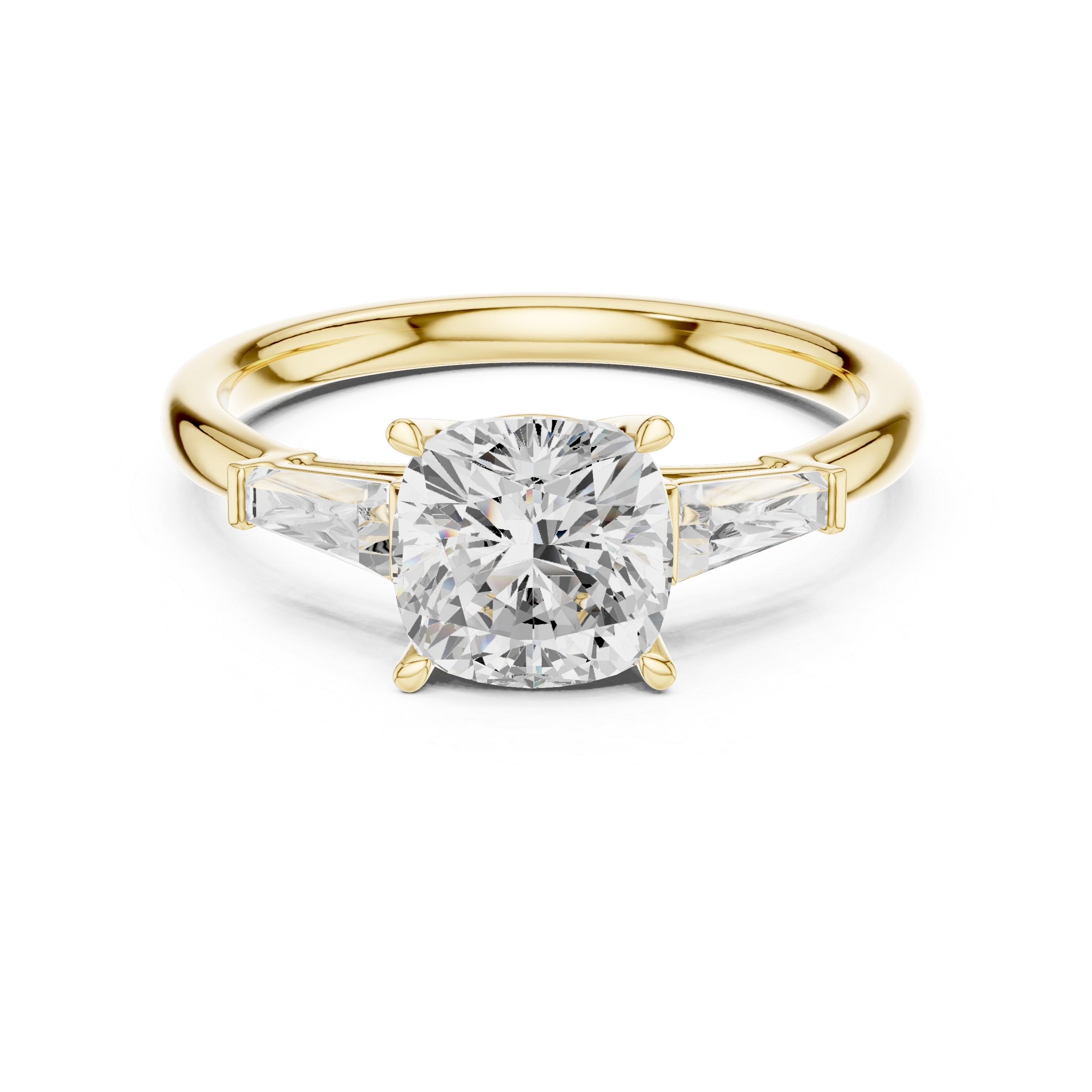 Cushion Cut Three Stone Diamond Engagement Ring with Tapered Baguette Side Stones