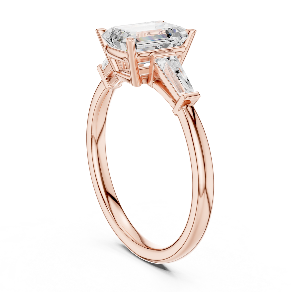 Emerald Cut Three Stone Diamond Engagement Ring with Tapered Baguette Side Stones