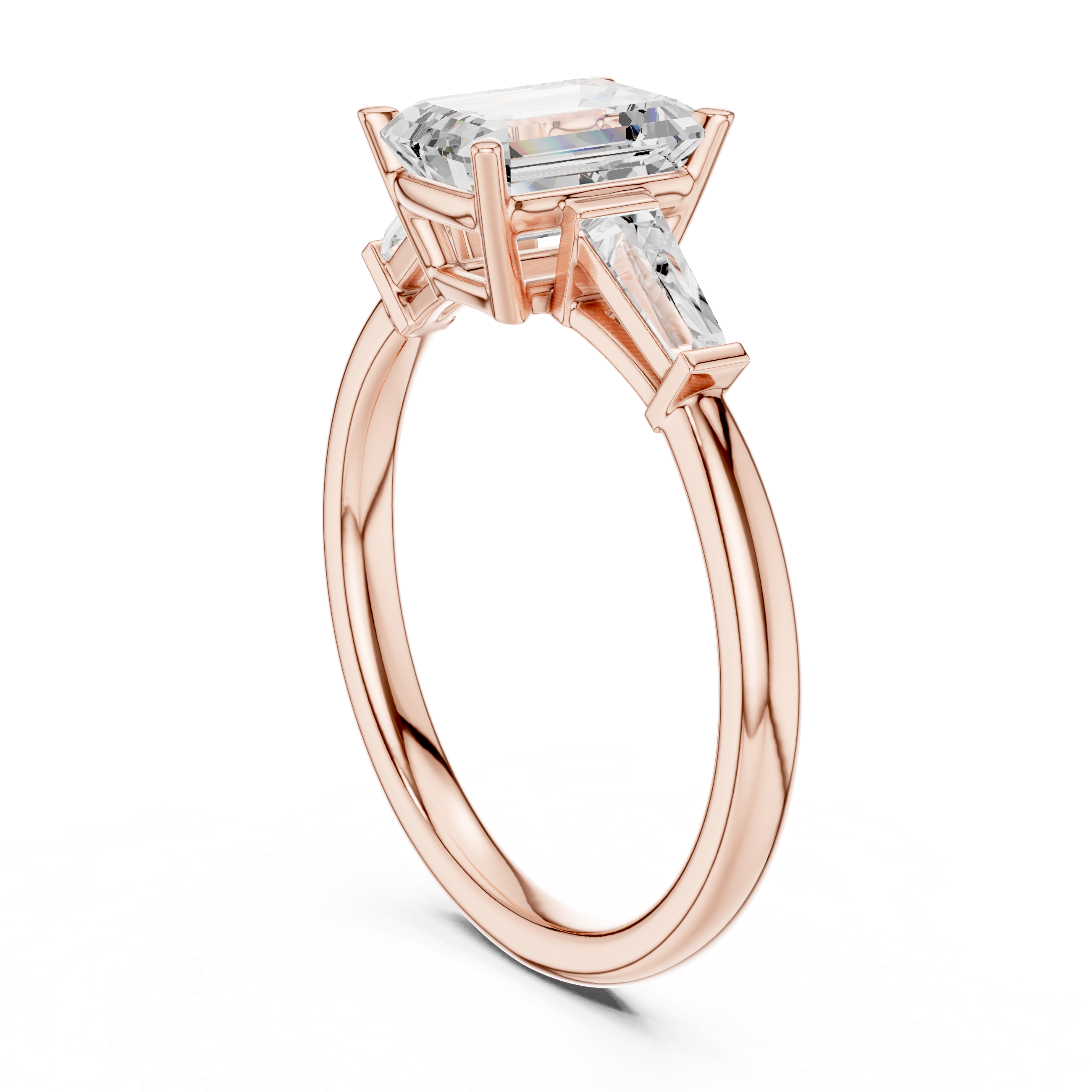 Emerald Cut Three Stone Diamond Engagement Ring with Tapered Baguette Side Stones