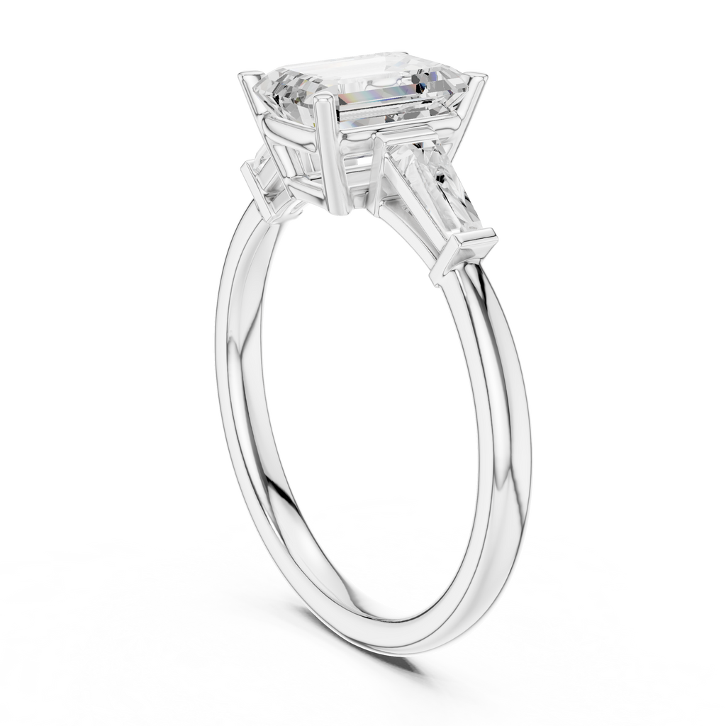 Emerald Cut Three Stone Diamond Engagement Ring with Tapered Baguette Side Stones
