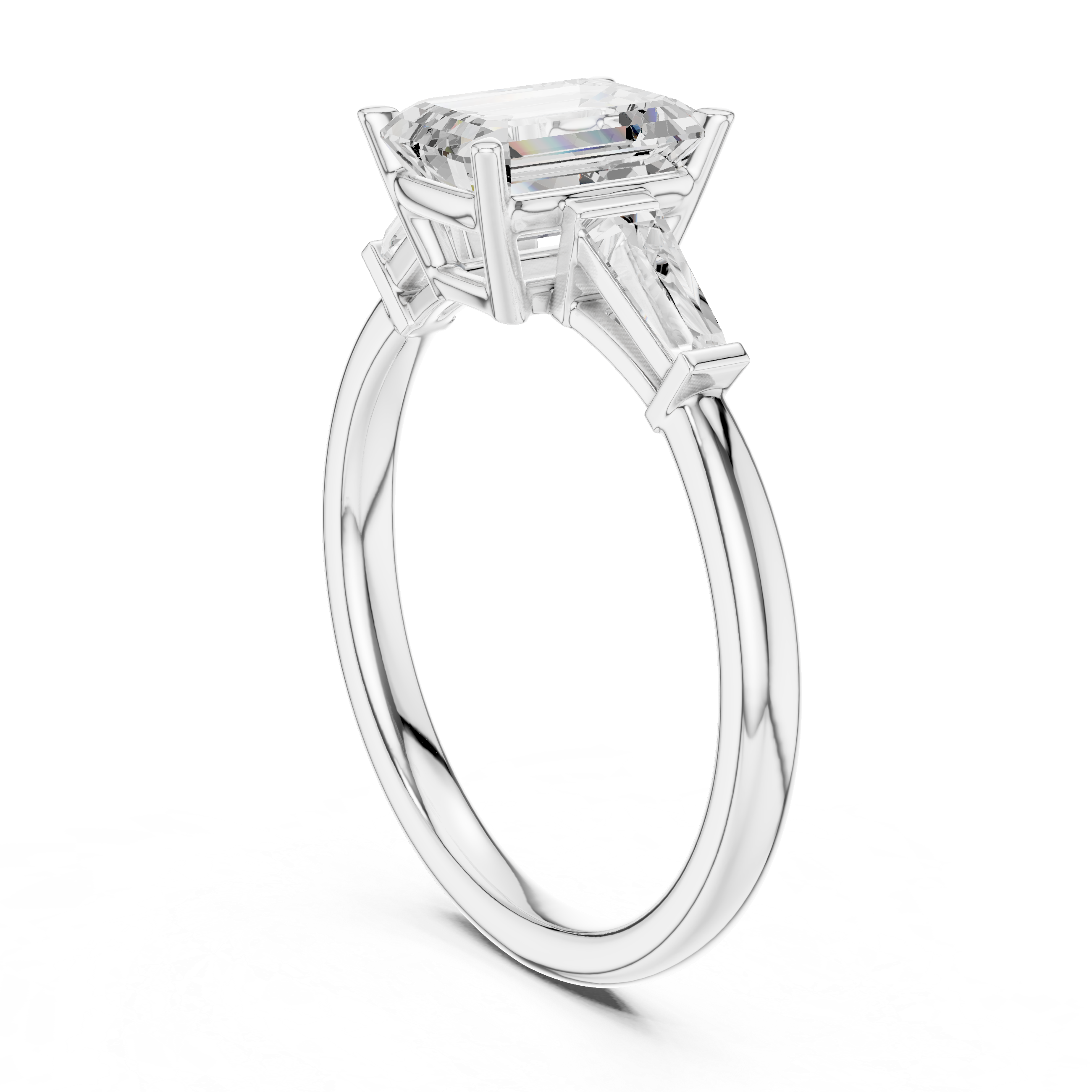 Emerald Cut Three Stone Diamond Engagement Ring with Tapered Baguette Side Stones