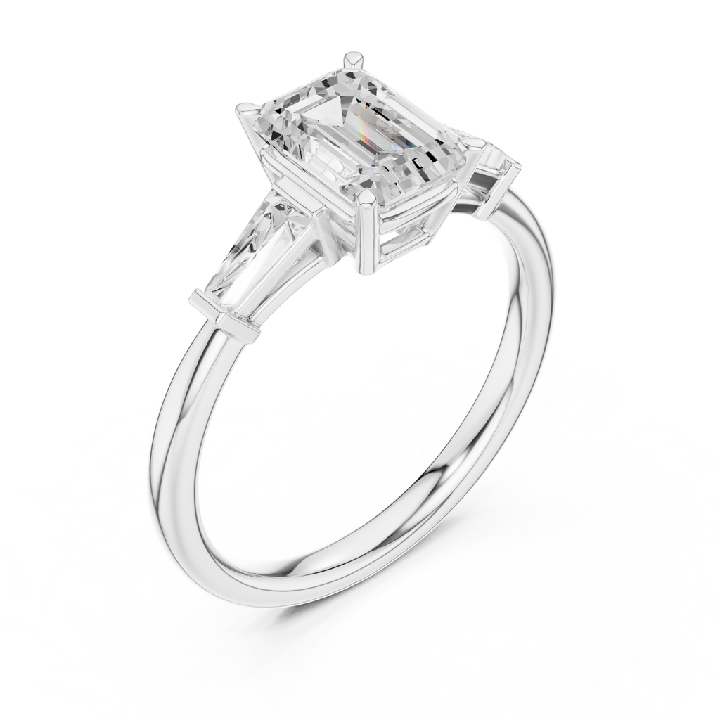 Emerald Cut Three Stone Diamond Engagement Ring with Tapered Baguette Side Stones