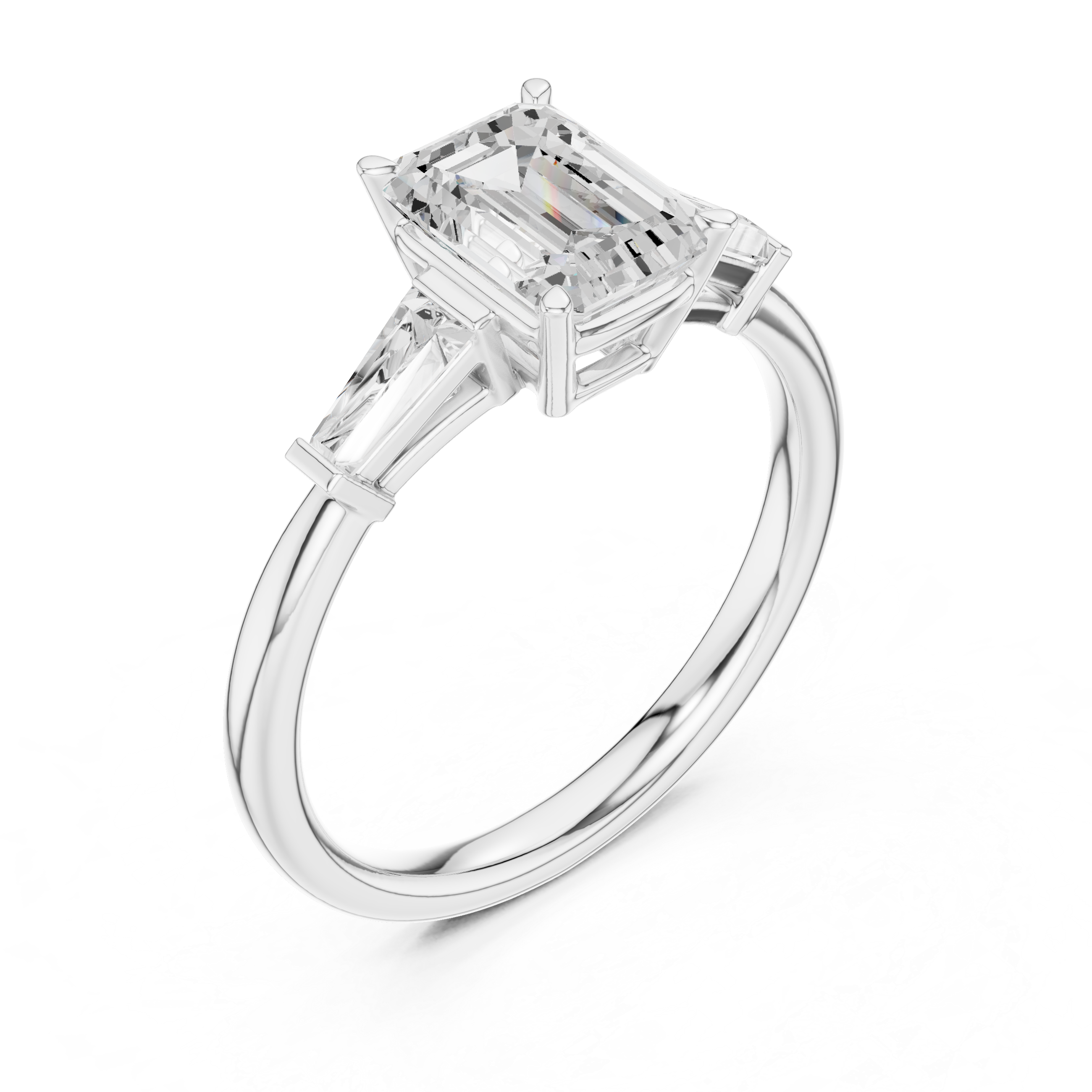 Emerald Cut Three Stone Diamond Engagement Ring with Tapered Baguette Side Stones