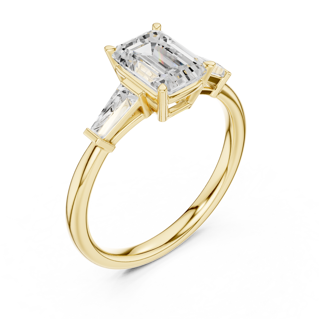 Emerald Cut Three Stone Diamond Engagement Ring with Tapered Baguette Side Stones