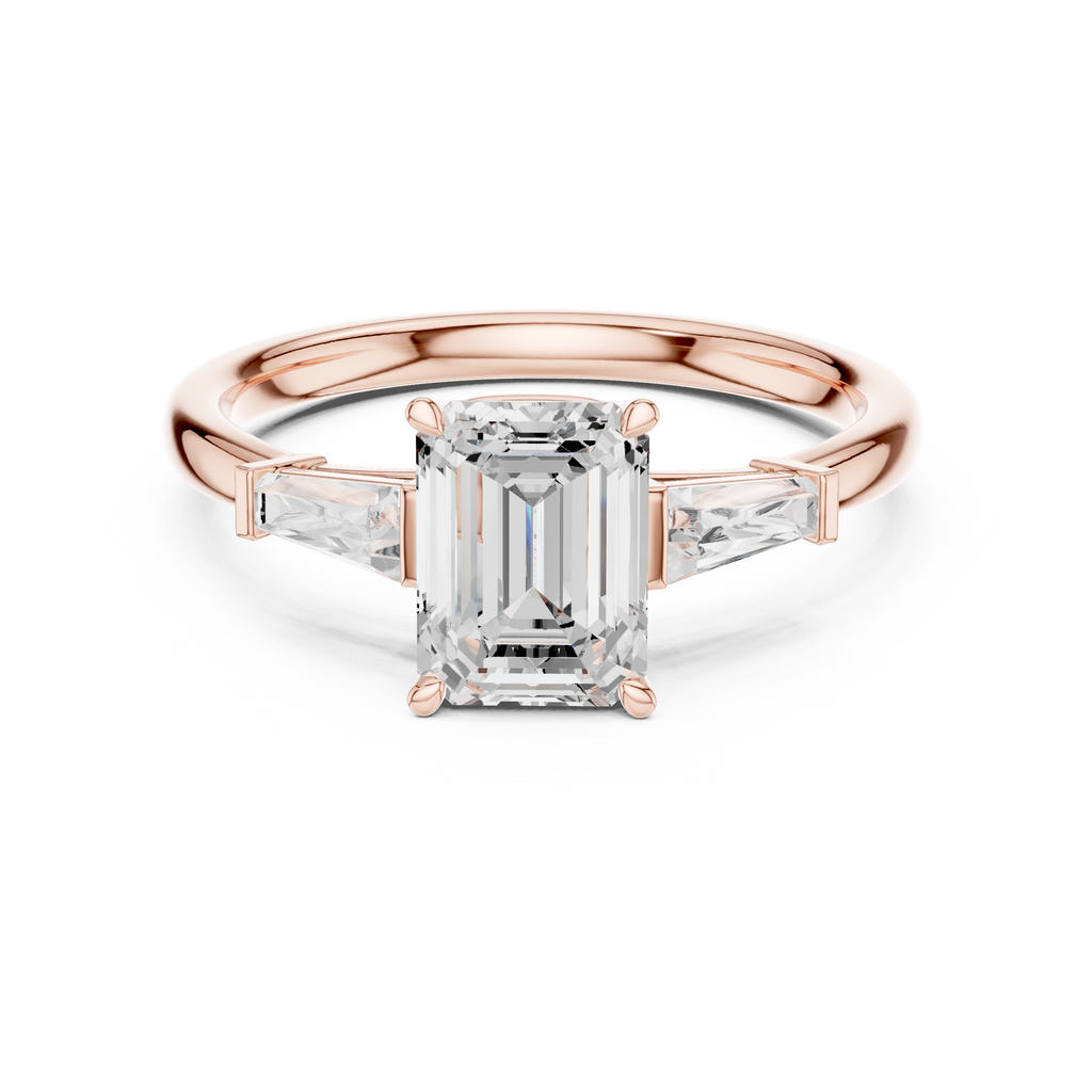 Emerald Cut Three Stone Diamond Engagement Ring with Tapered Baguette Side Stones