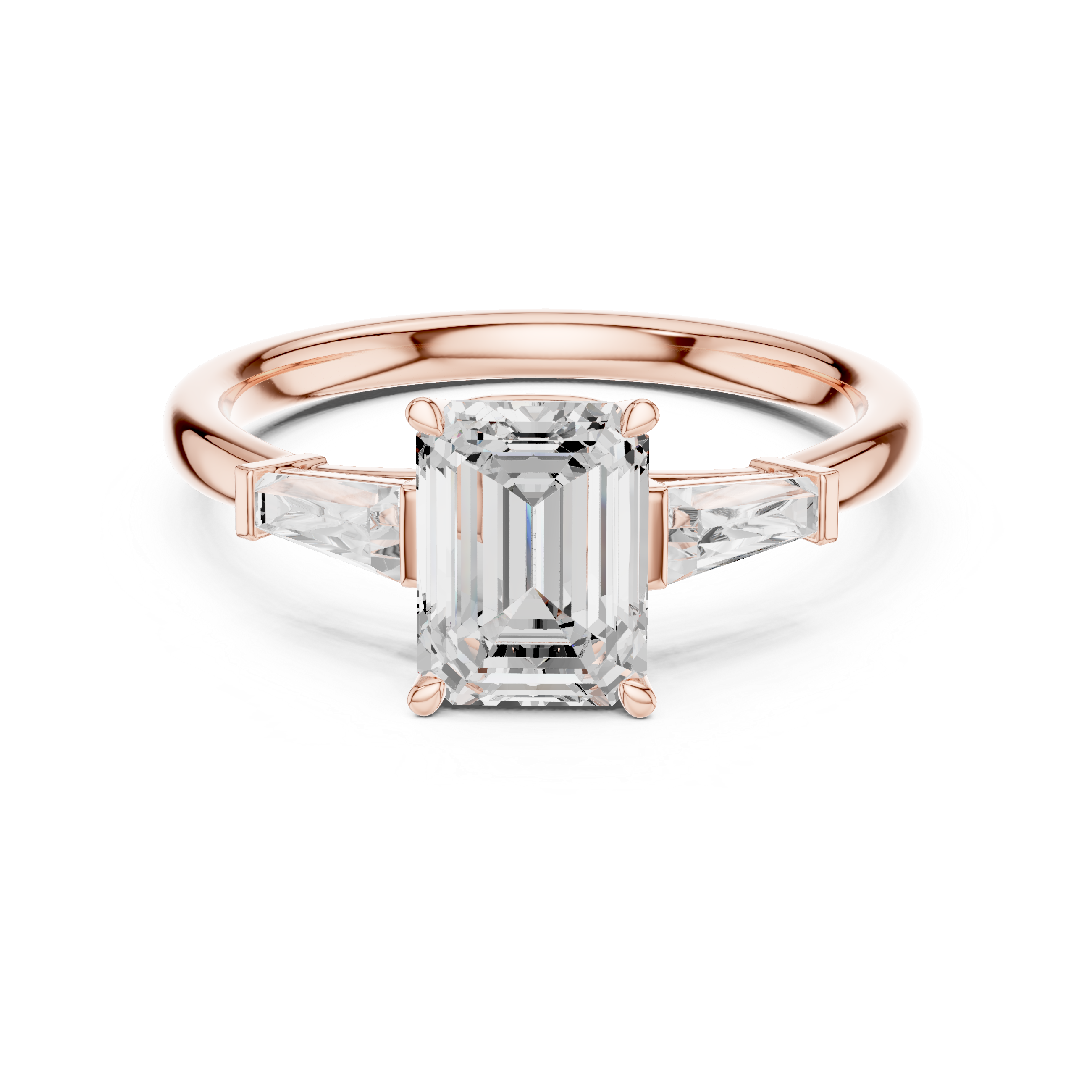 Emerald Cut Three Stone Diamond Engagement Ring with Tapered Baguette Side Stones