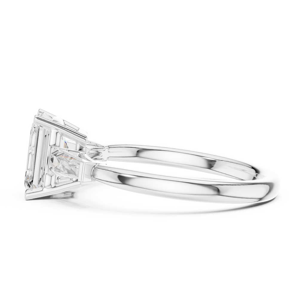 Emerald Cut Three Stone Diamond Engagement Ring with Tapered Baguette Side Stones