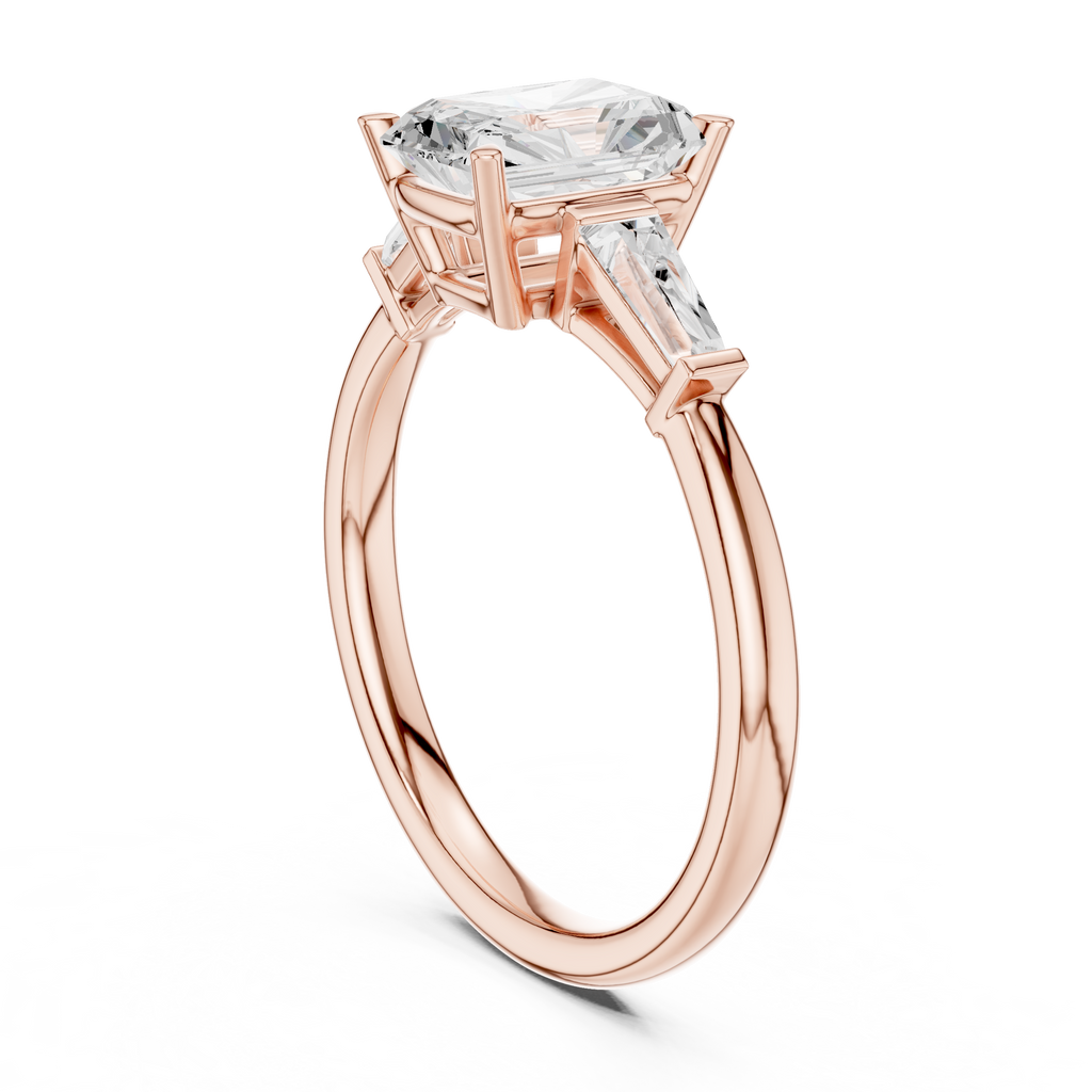 Radiant Cut Three Stone Diamond Engagement Ring with Tapered Baguette Side Stones