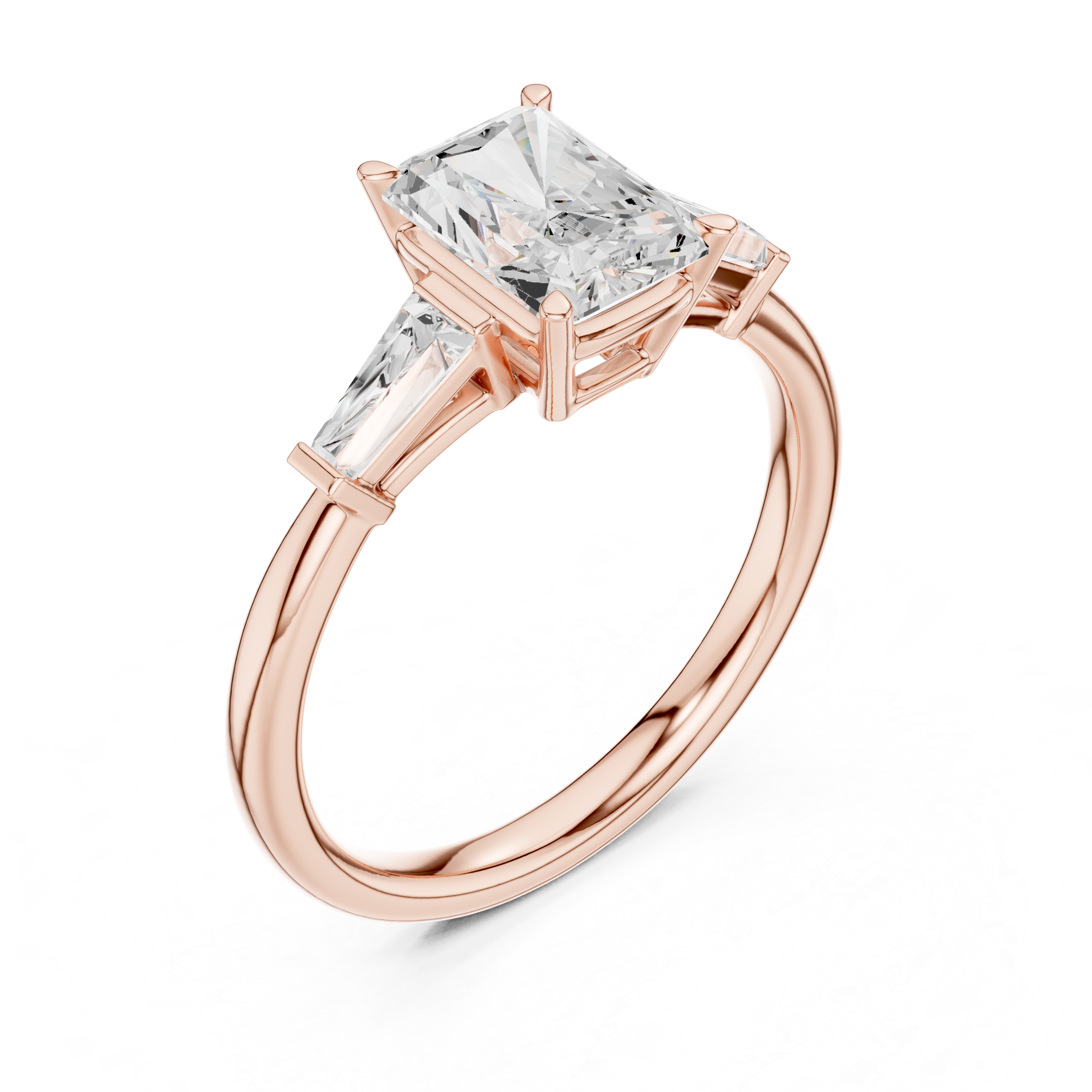 Radiant Cut Three Stone Diamond Engagement Ring with Tapered Baguette Side Stones