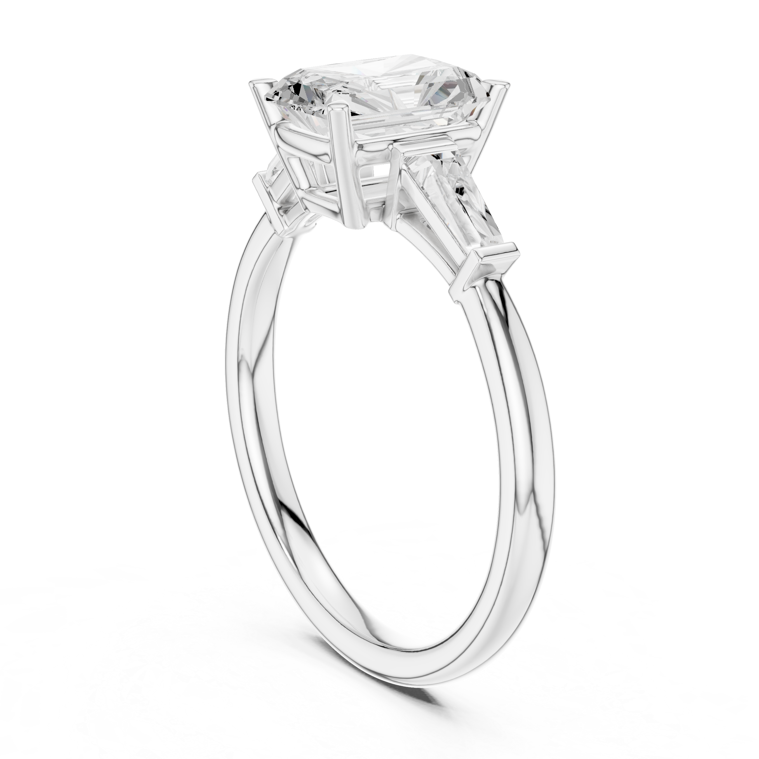 Radiant Cut Three Stone Diamond Engagement Ring with Tapered Baguette Side Stones