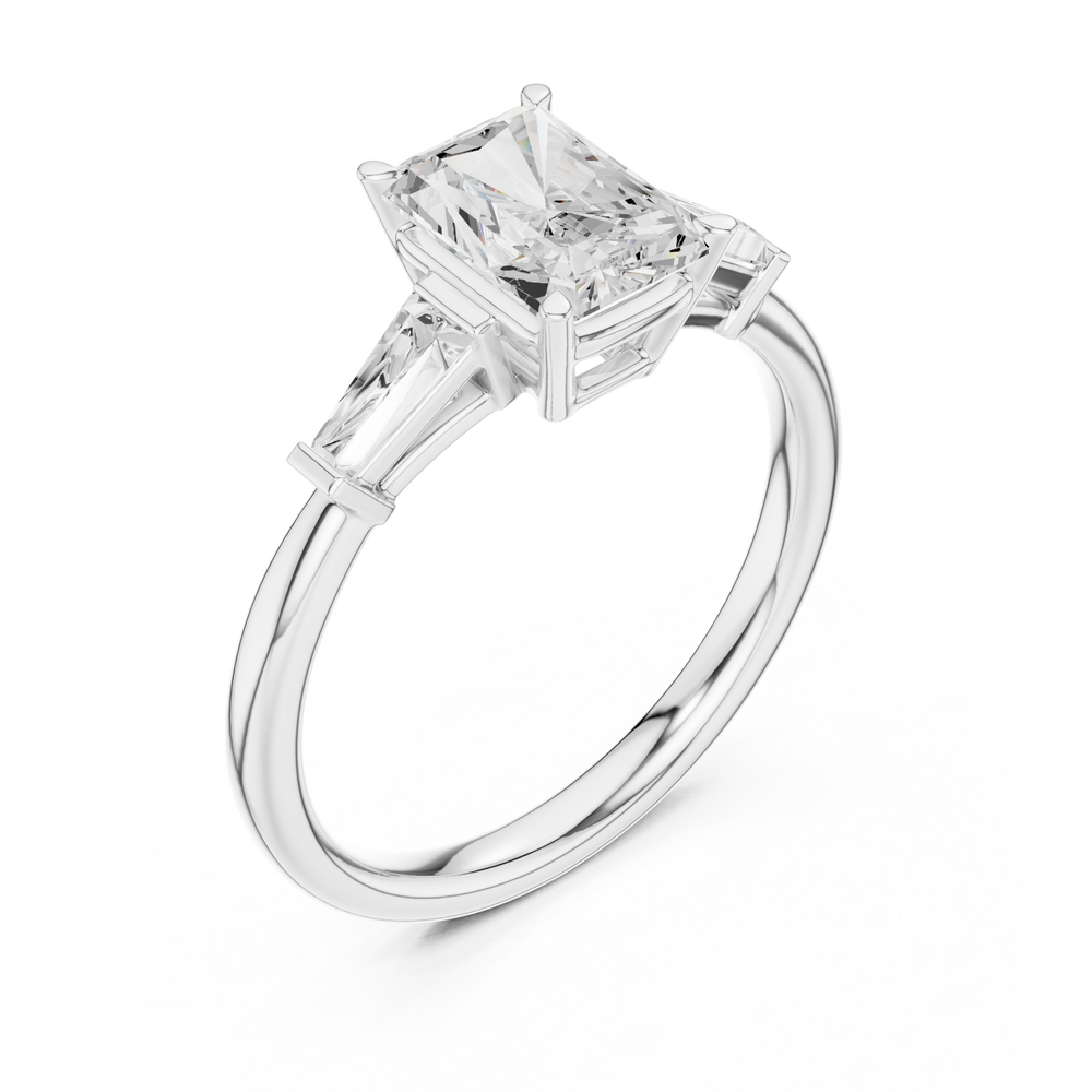 Radiant Cut Three Stone Diamond Engagement Ring with Tapered Baguette Side Stones