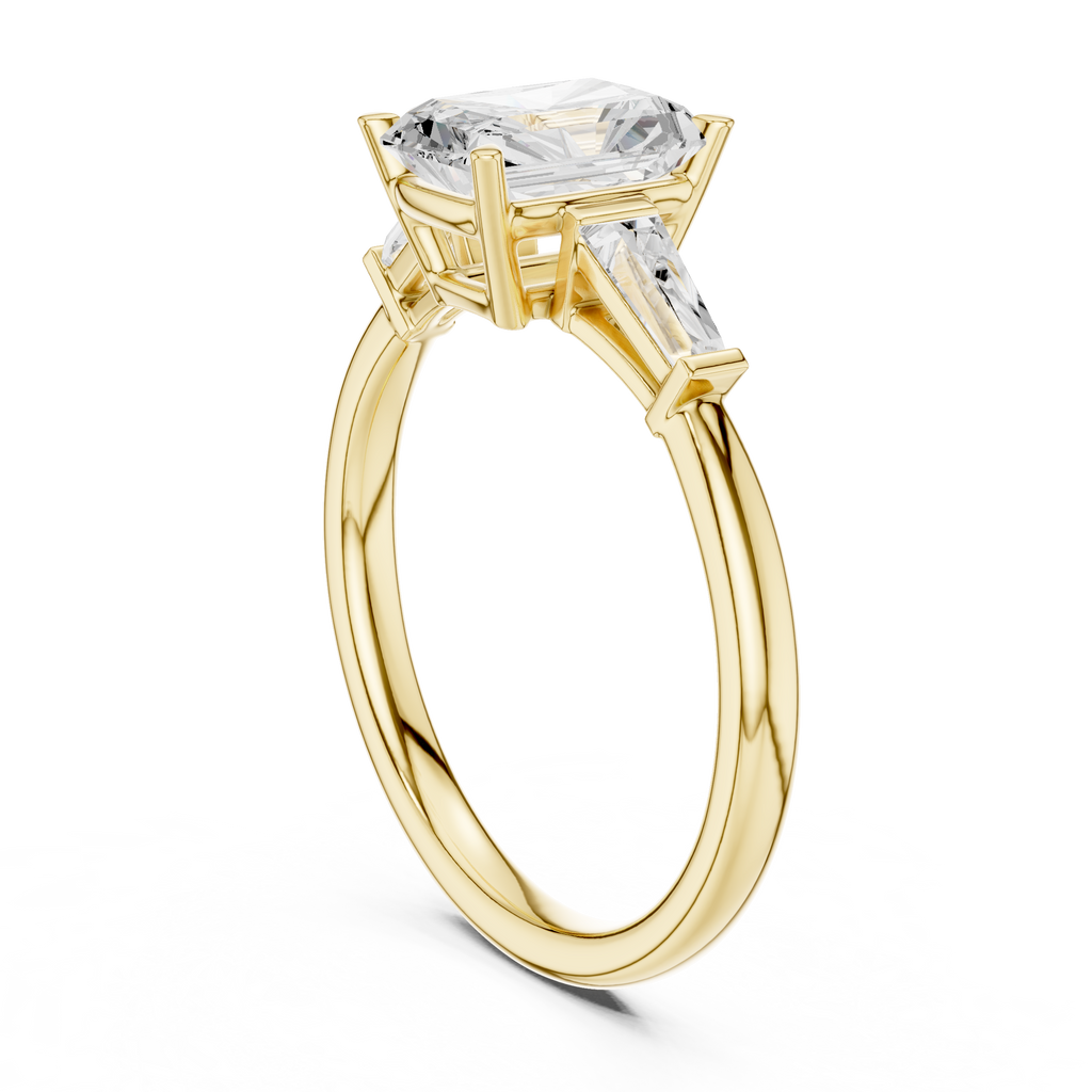 Radiant Cut Three Stone Diamond Engagement Ring with Tapered Baguette Side Stones
