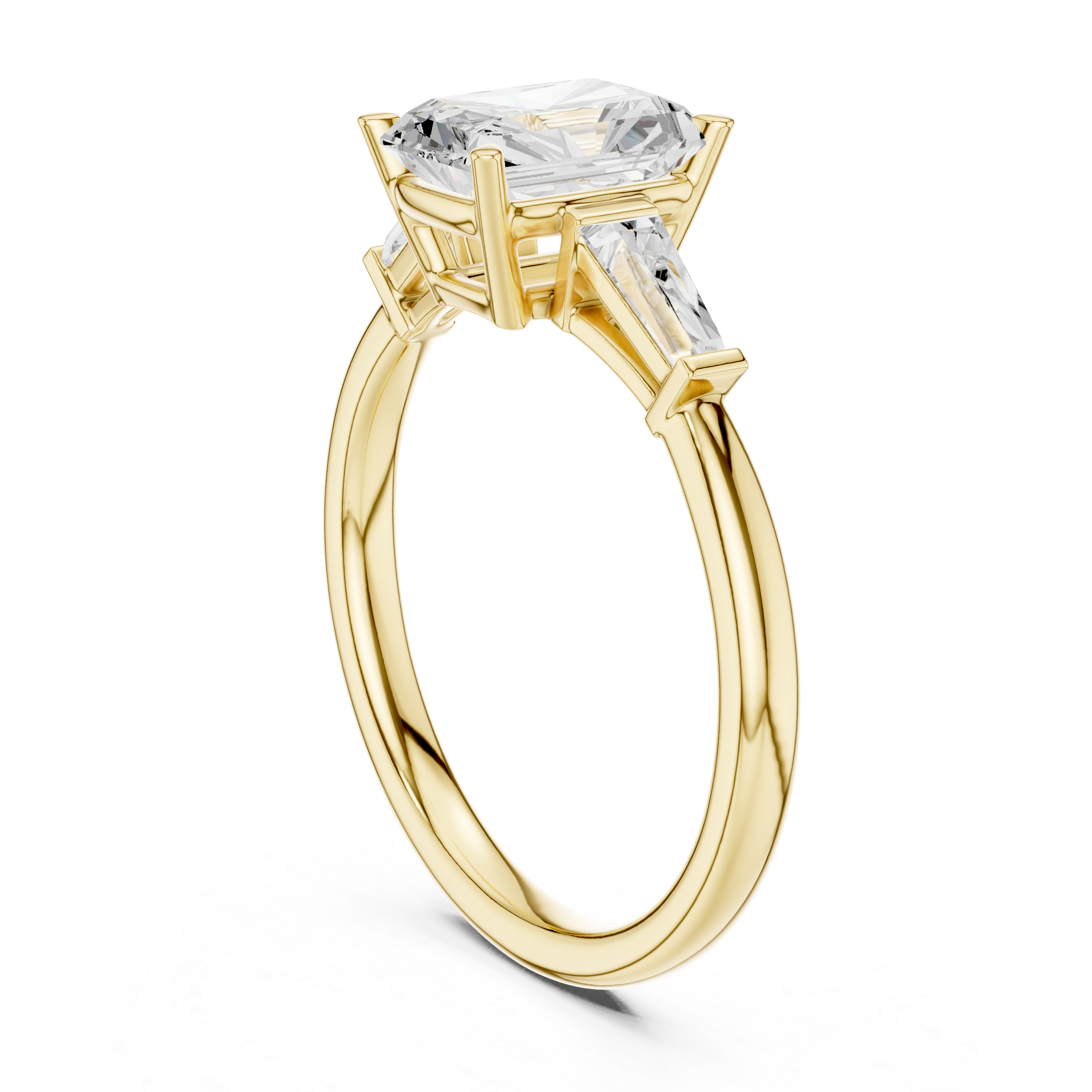 Radiant Cut Three Stone Diamond Engagement Ring with Tapered Baguette Side Stones