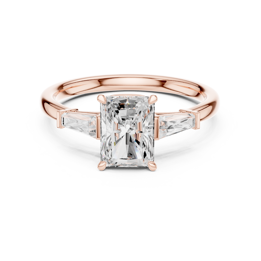 Radiant Cut Three Stone Diamond Engagement Ring with Tapered Baguette Side Stones