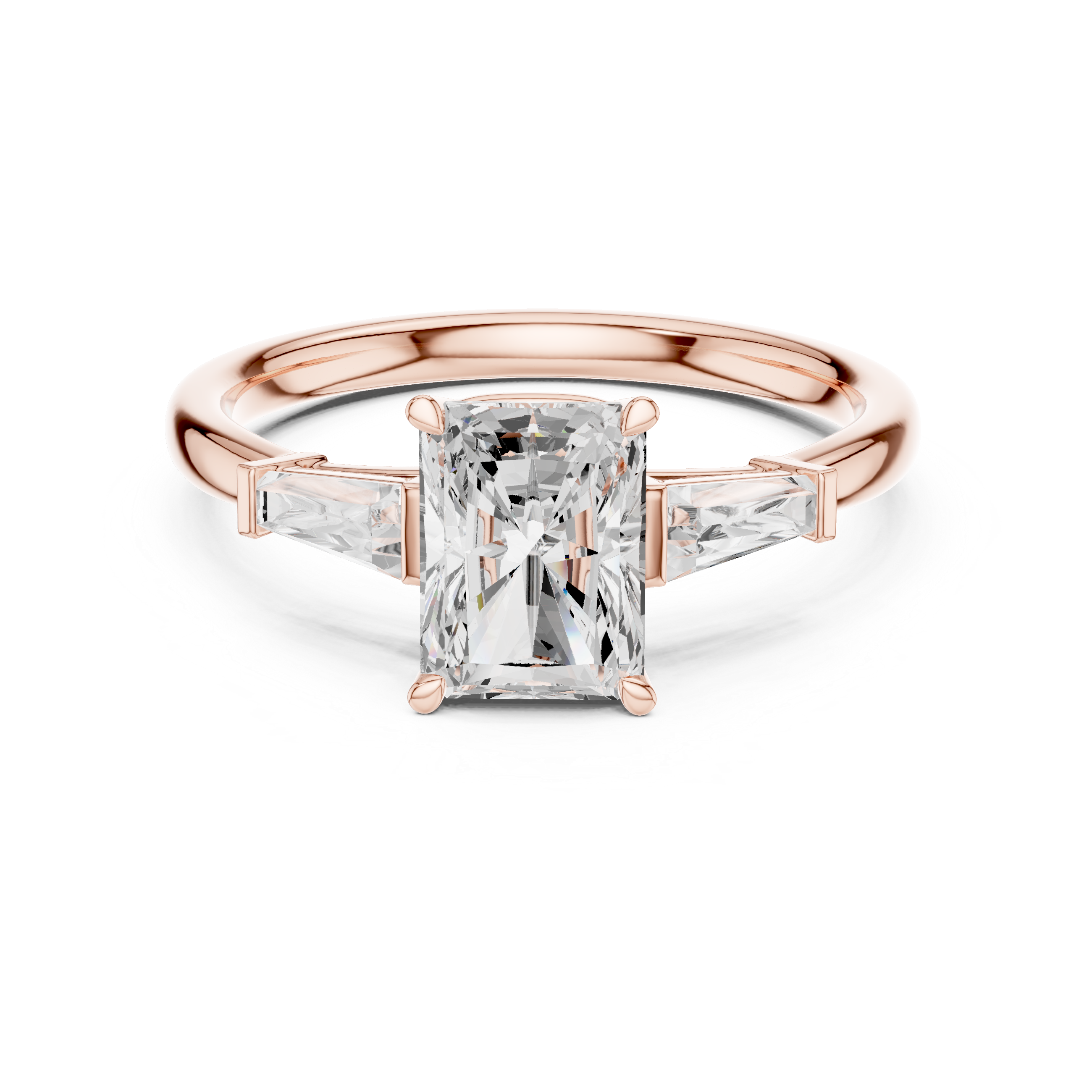 Radiant Cut Three Stone Diamond Engagement Ring with Tapered Baguette Side Stones