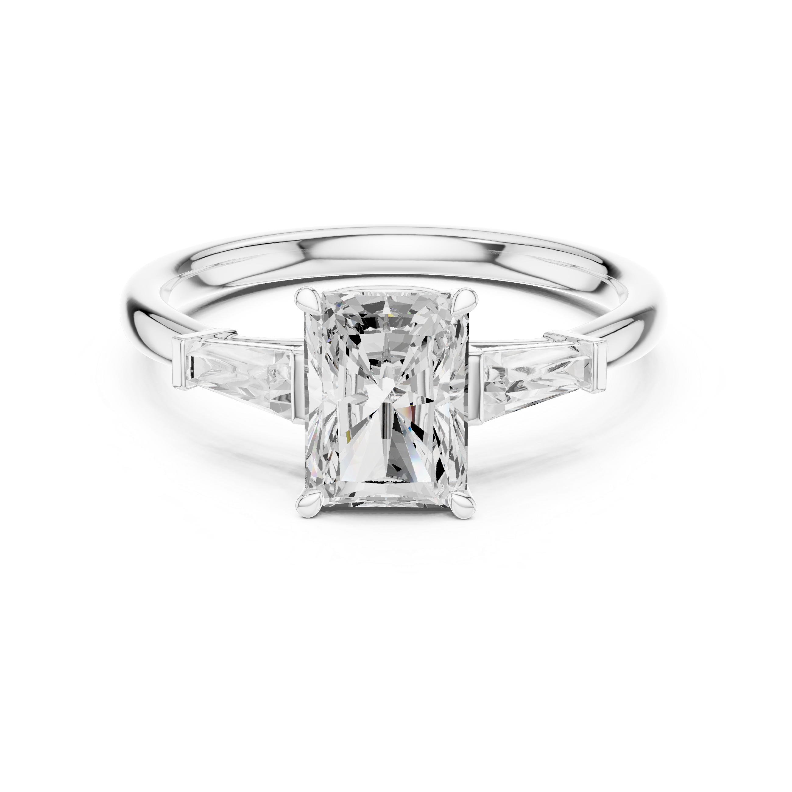 Radiant Cut Three Stone Diamond Engagement Ring with Tapered Baguette Side Stones