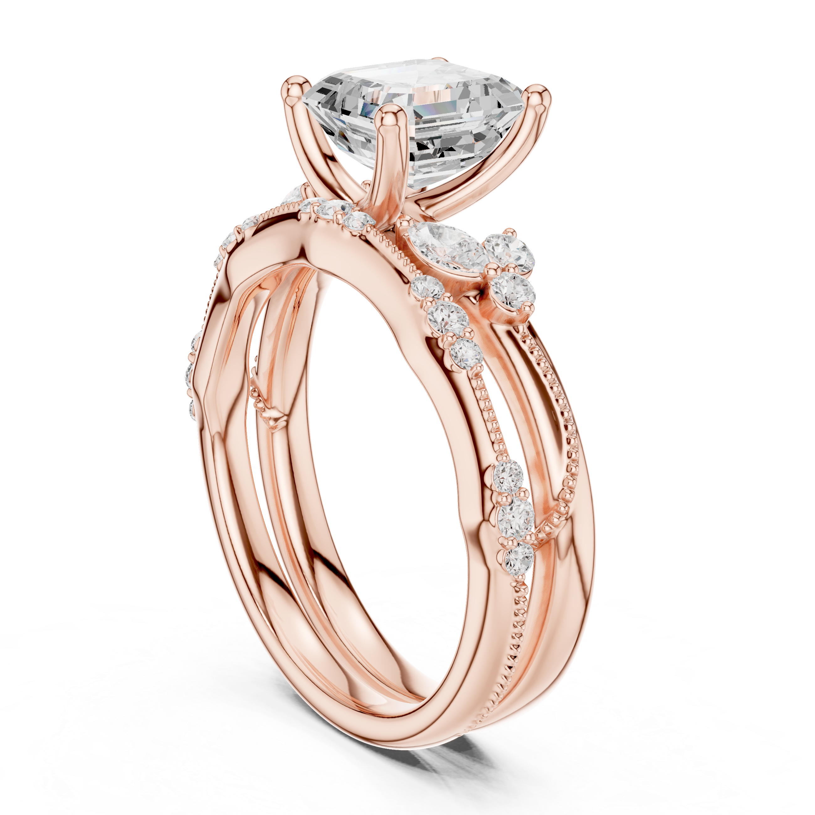 2.37 CT Asscher Cut Diamond Bridal Ring Set with Marquise Accents