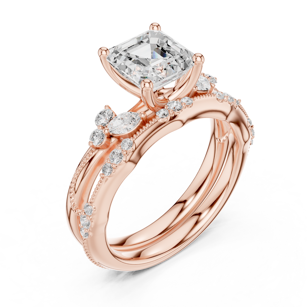 2.37 CT Asscher Cut Diamond Bridal Ring Set with Marquise Accents