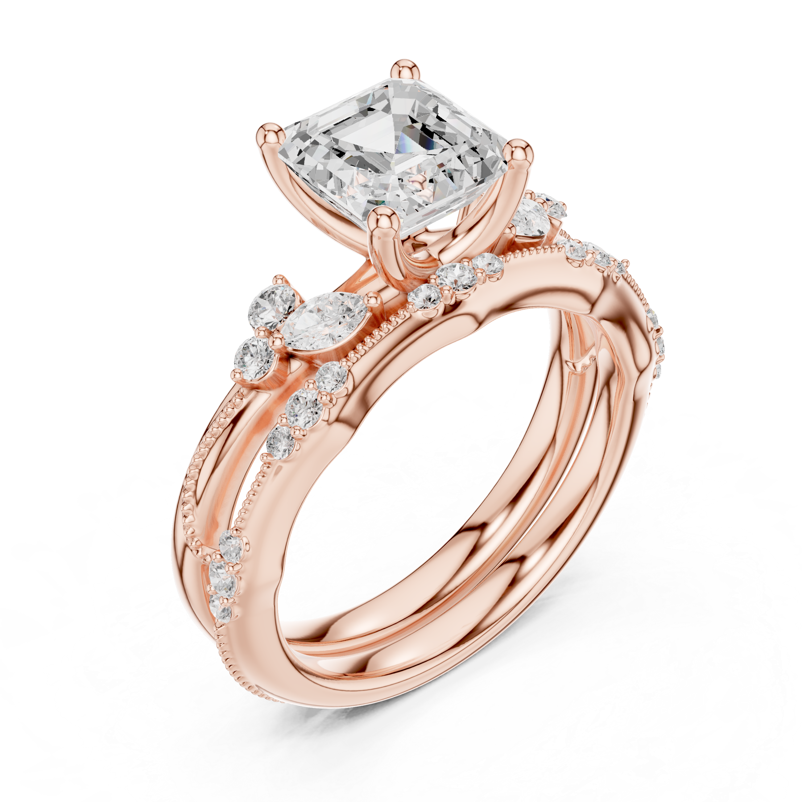 2.37 CT Asscher Cut Diamond Bridal Ring Set with Marquise Accents