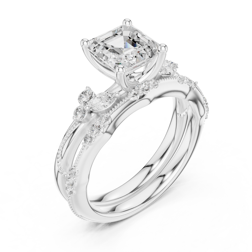 2.37 CT Asscher Cut Diamond Bridal Ring Set with Marquise Accents