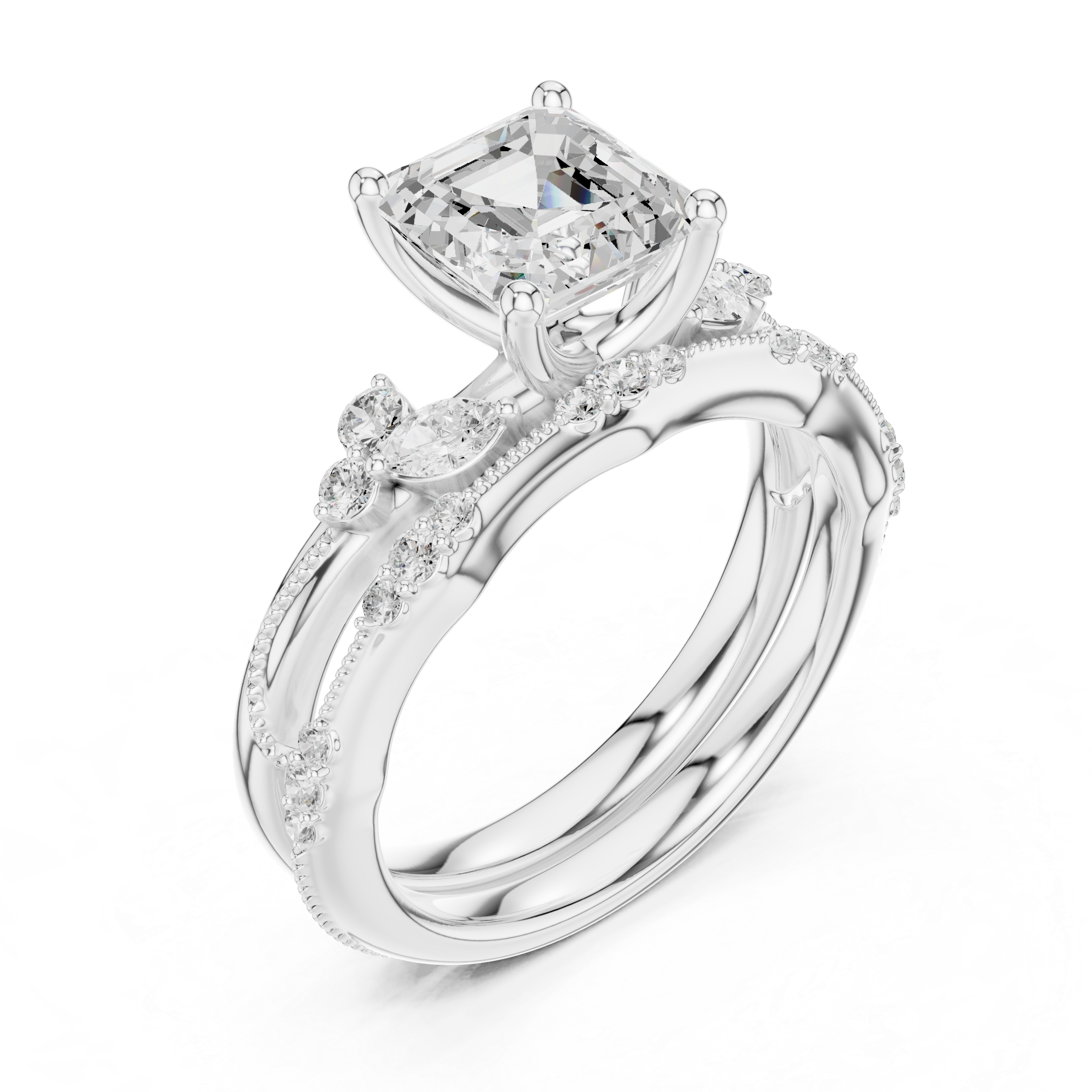 Asscher Cut Diamond Bridal Ring Set