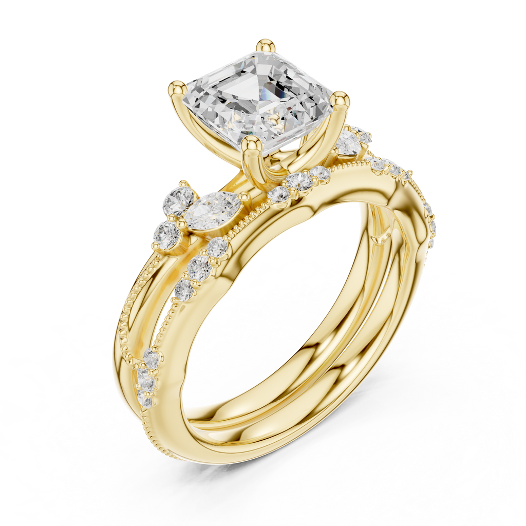 2.37 CT Asscher Cut Diamond Bridal Ring Set with Marquise Accents