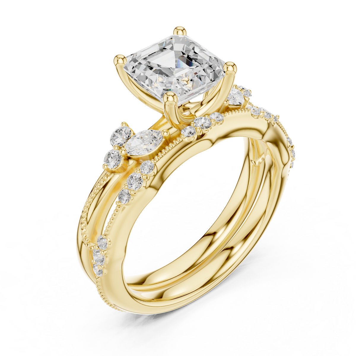 Asscher Cut Diamond Bridal Ring Set with Marquise Accents – view 11 of 12, lab grown diamond ring | Jewelix Atelier