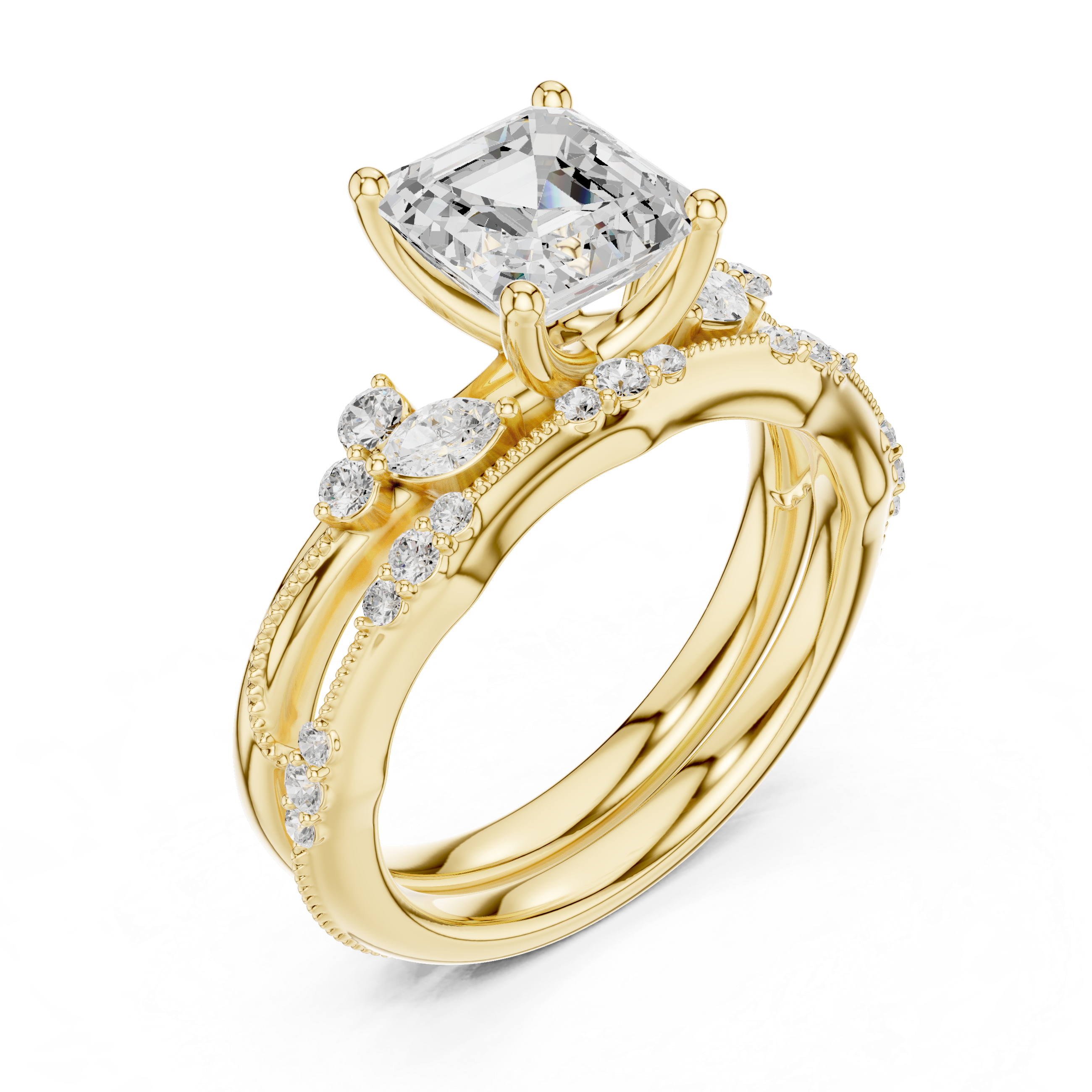 2.37 CT Asscher Cut Diamond Bridal Ring Set with Marquise Accents