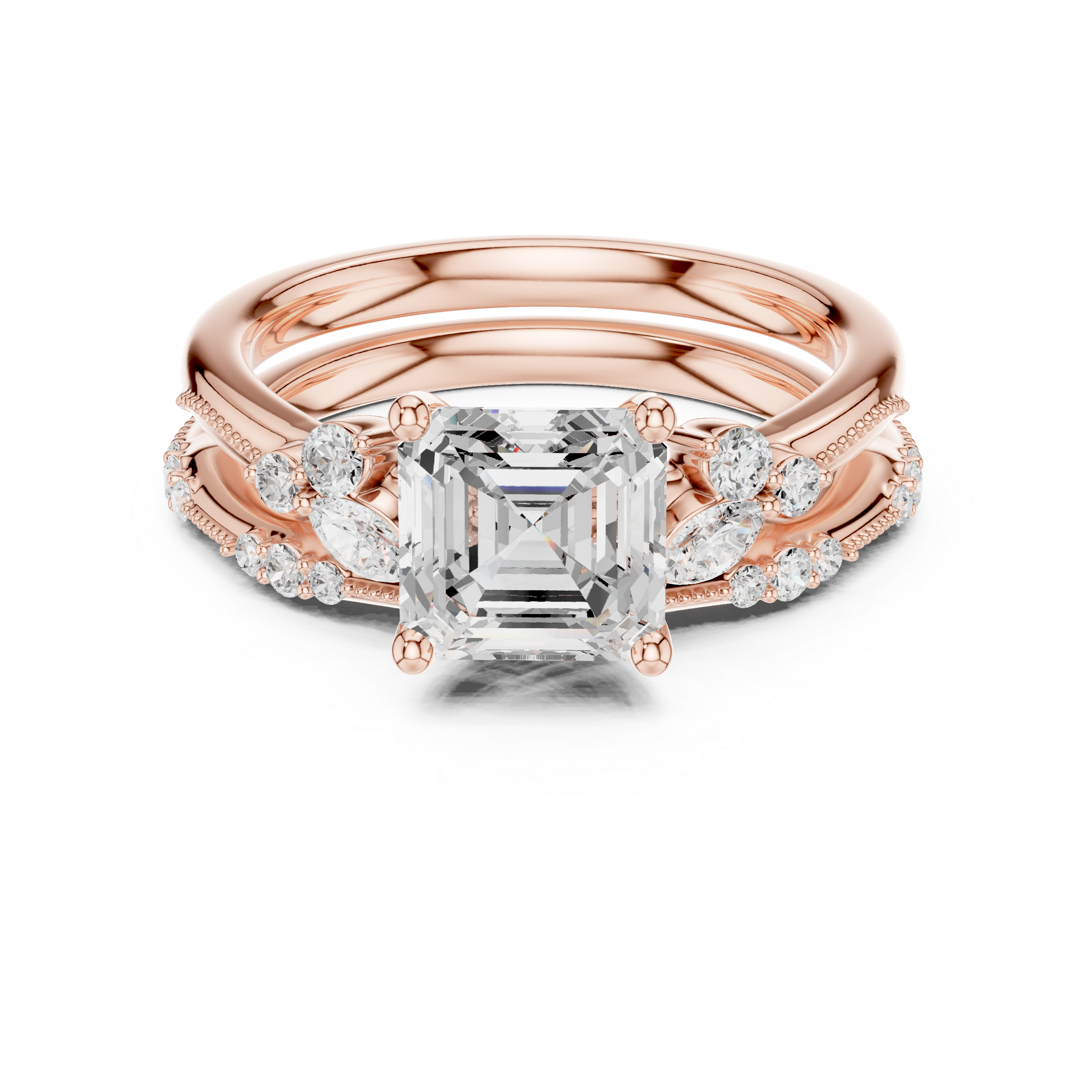 2.37 CT Asscher Cut Diamond Bridal Ring Set with Marquise Accents