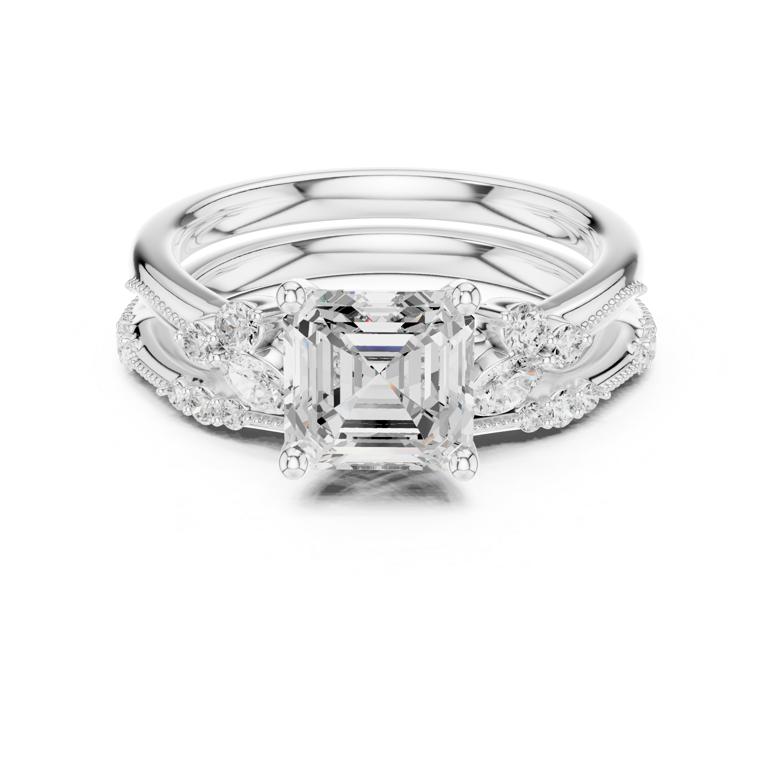 2.37 CT Asscher Cut Diamond Bridal Ring Set with Marquise Accents