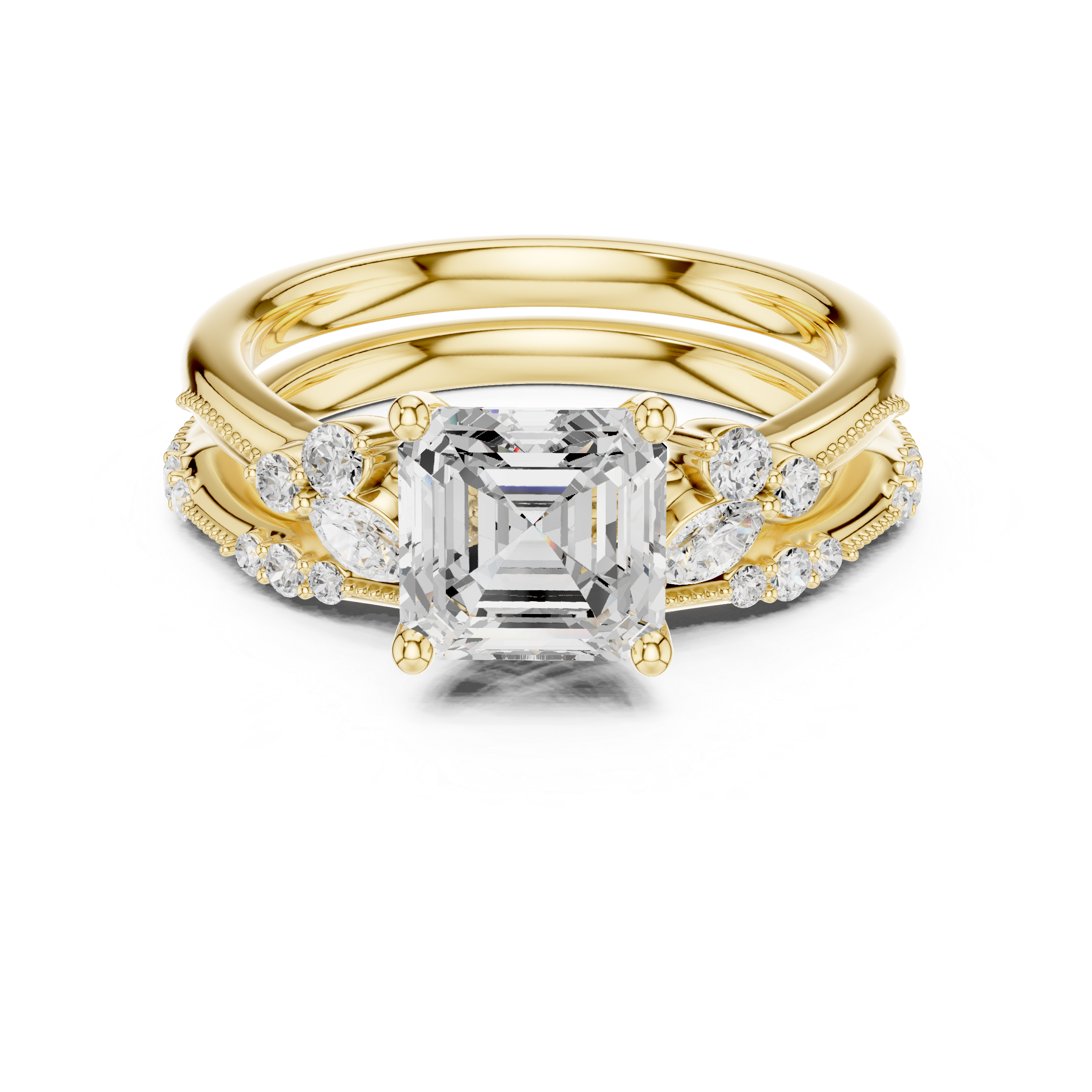 2.37 CT Asscher Cut Diamond Bridal Ring Set with Marquise Accents