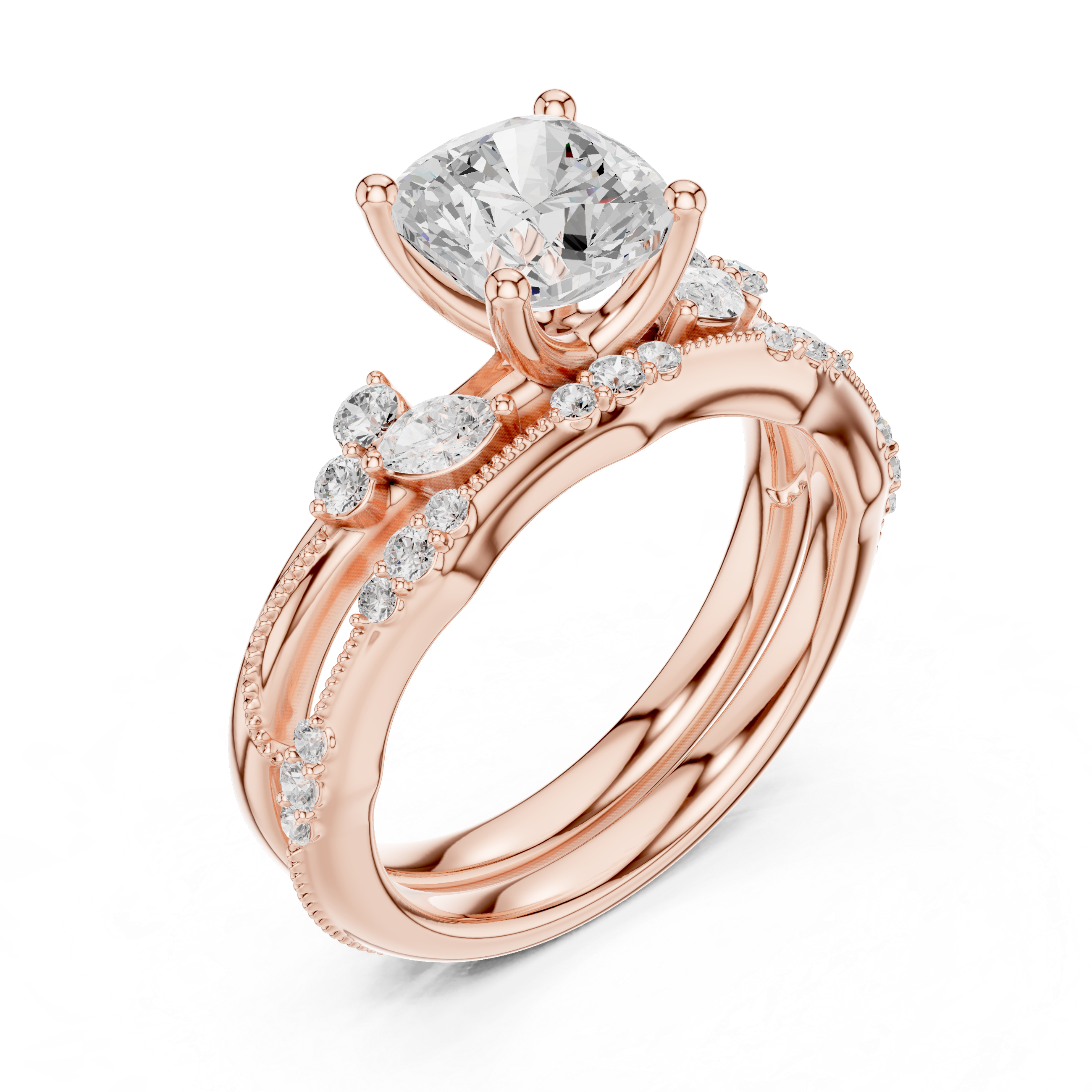 2.37 CT Cushion Cut Diamond Bridal Ring Set with Marquise Accents