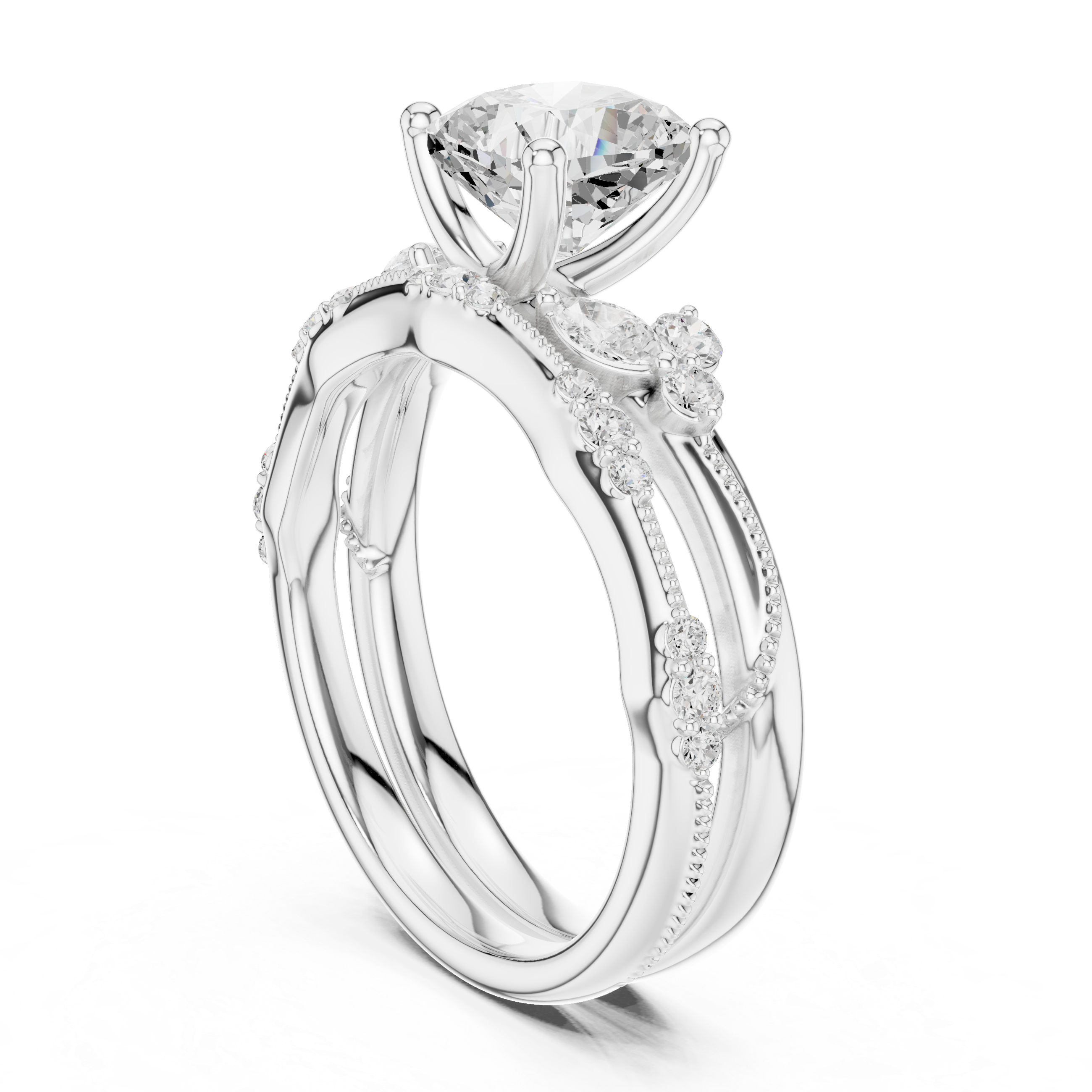 2.37 CT Cushion Cut Diamond Bridal Ring Set with Marquise Accents