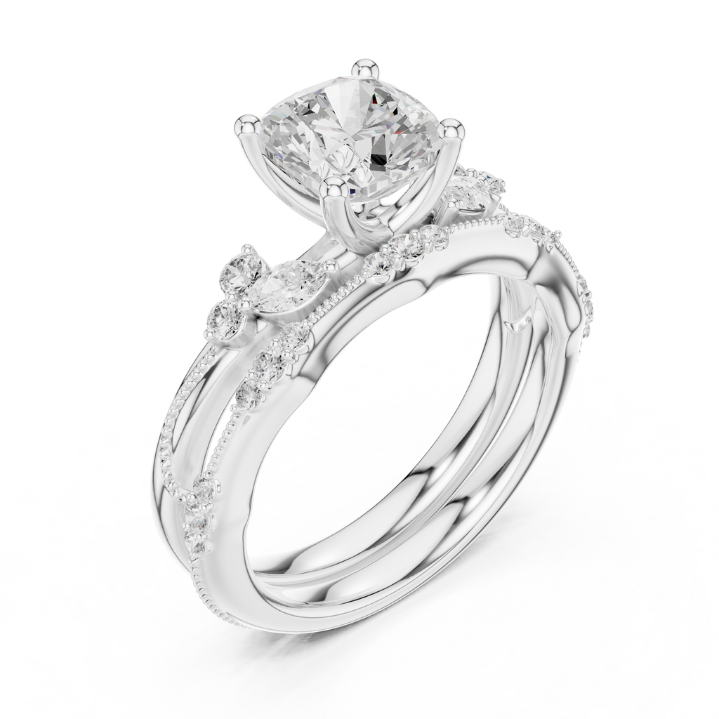 2.37 CT Cushion Cut Diamond Bridal Ring Set with Marquise Accents