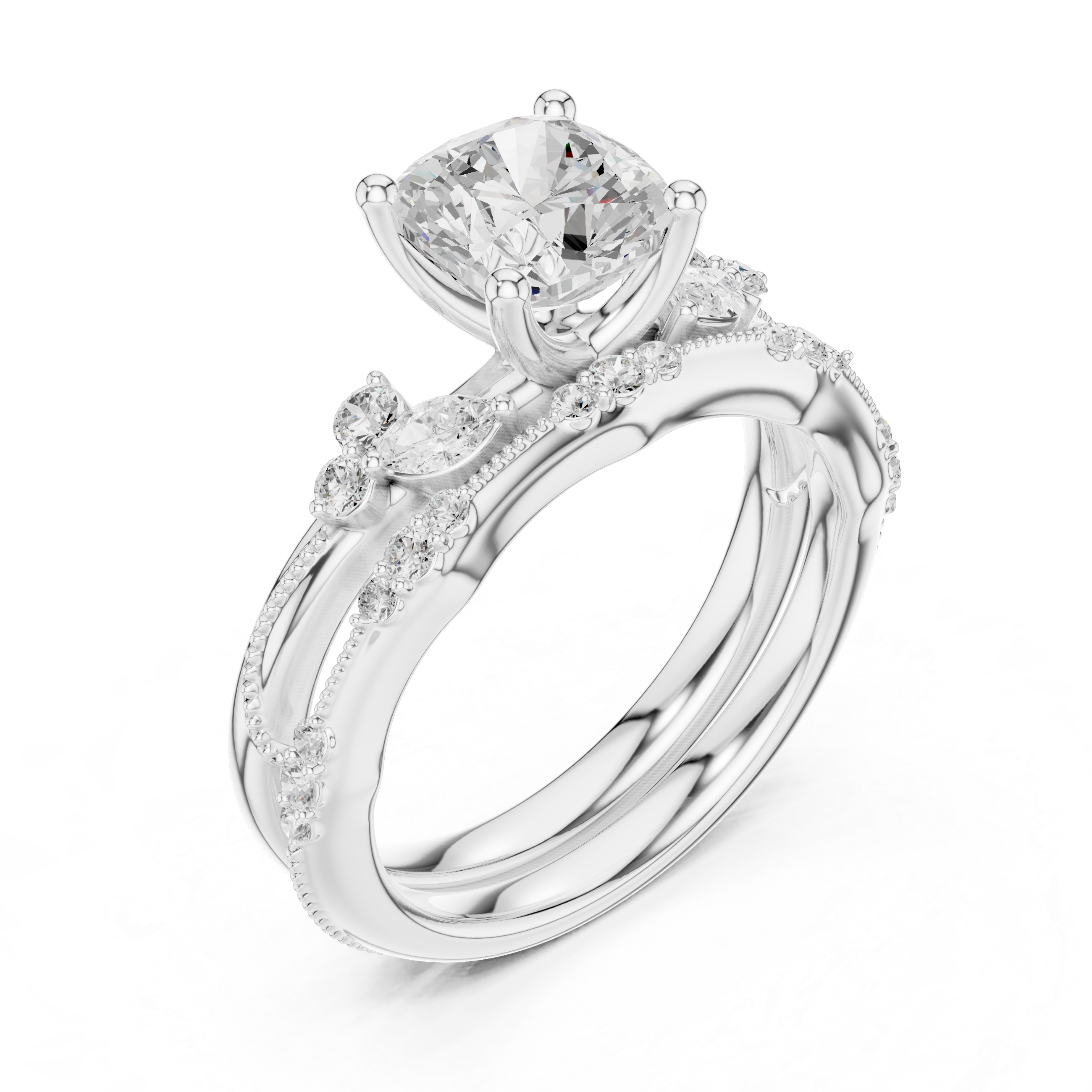 2.37 CT Cushion Cut Diamond Bridal Ring Set with Marquise Accents