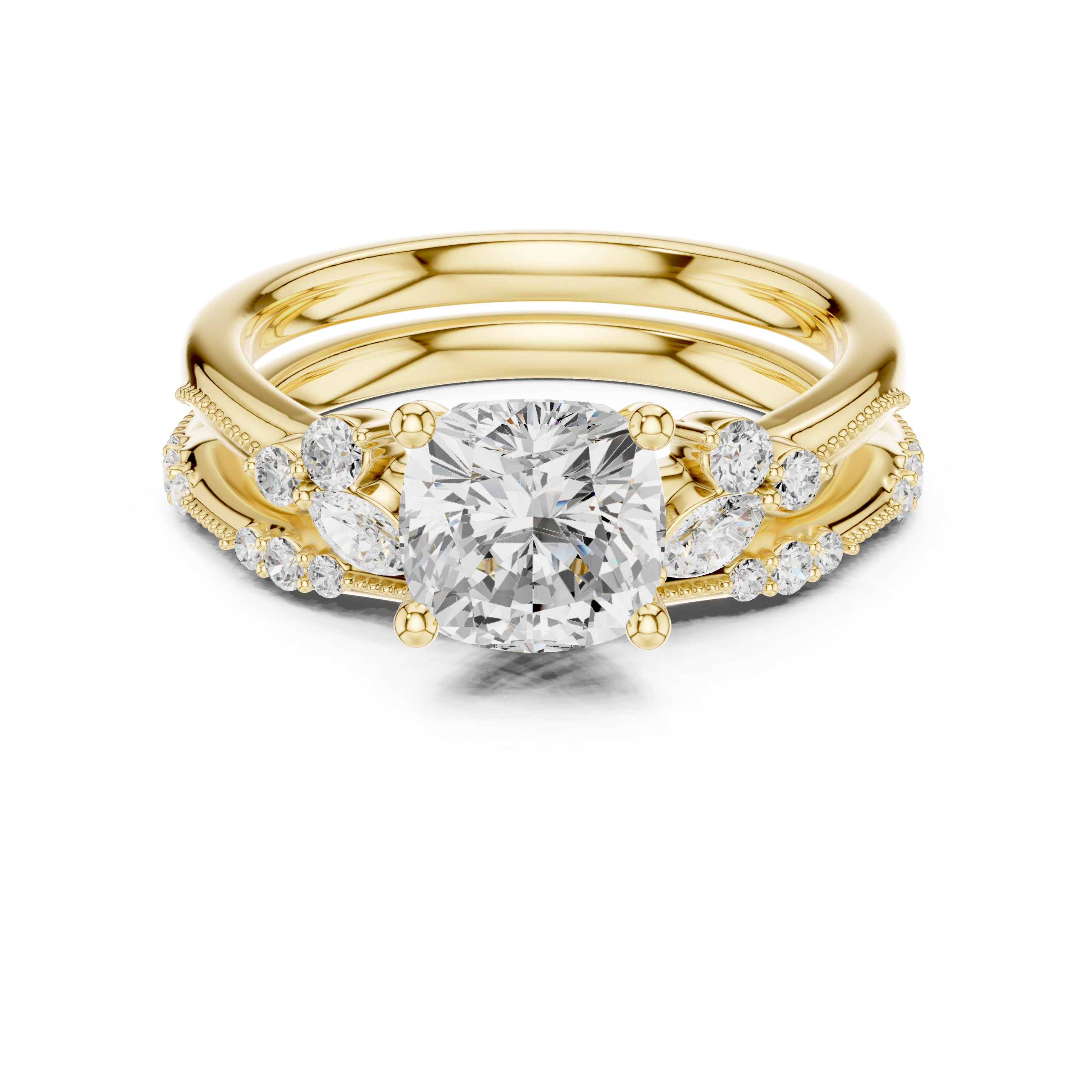 2.37 CT Cushion Cut Diamond Bridal Ring Set with Marquise Accents
