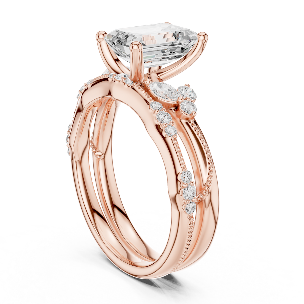 2.37 CT Emerald Cut Diamond Bridal Ring Set with Marquise Accents