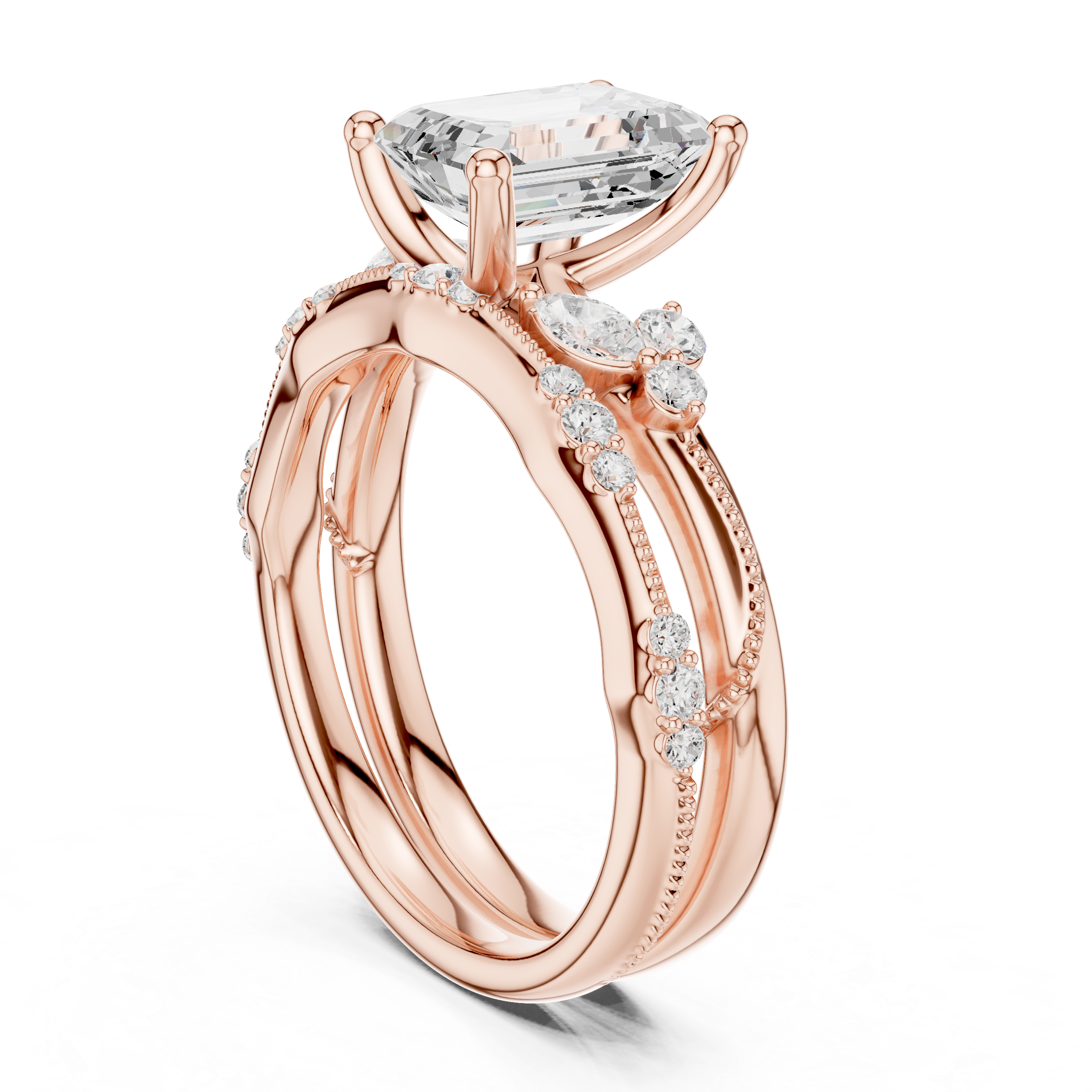 2.37 CT Emerald Cut Diamond Bridal Ring Set with Marquise Accents