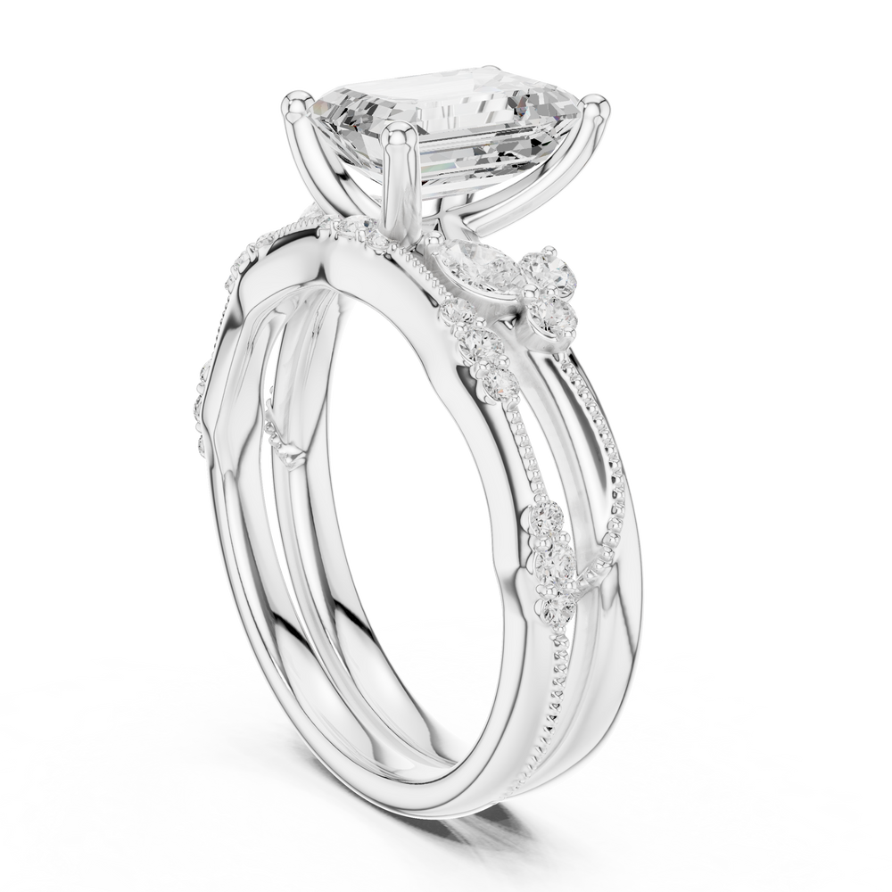 2.37 CT Emerald Cut Diamond Bridal Ring Set with Marquise Accents