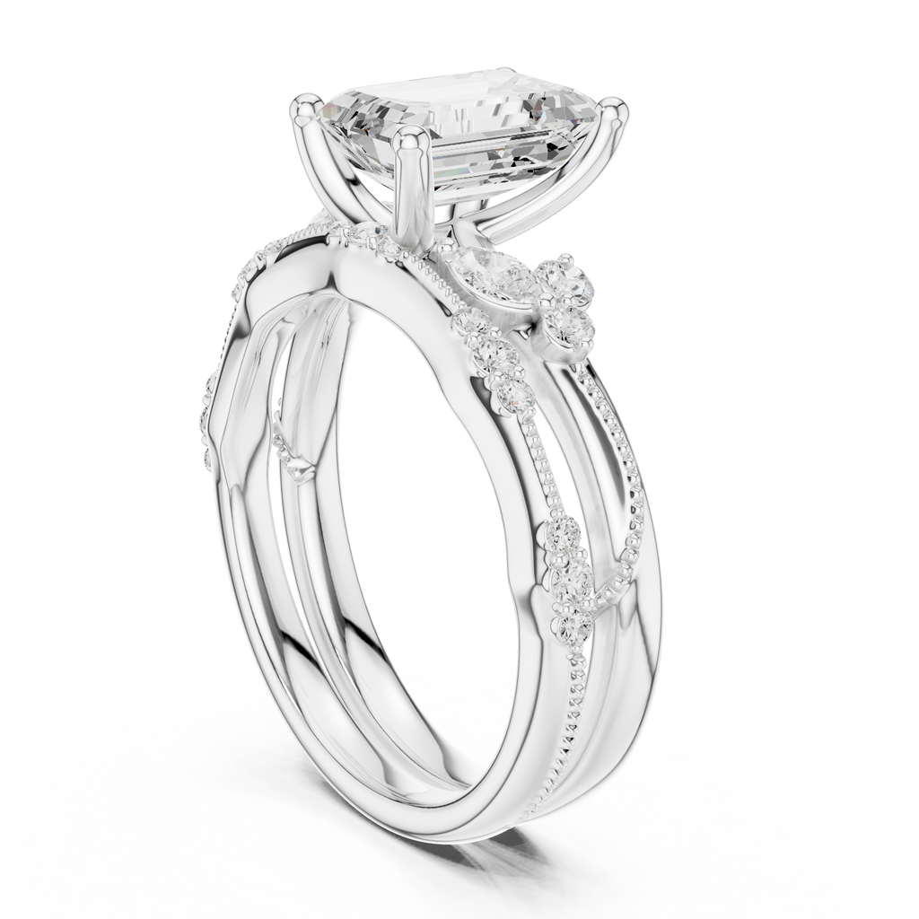 2.37 CT Emerald Cut Diamond Bridal Ring Set with Marquise Accents