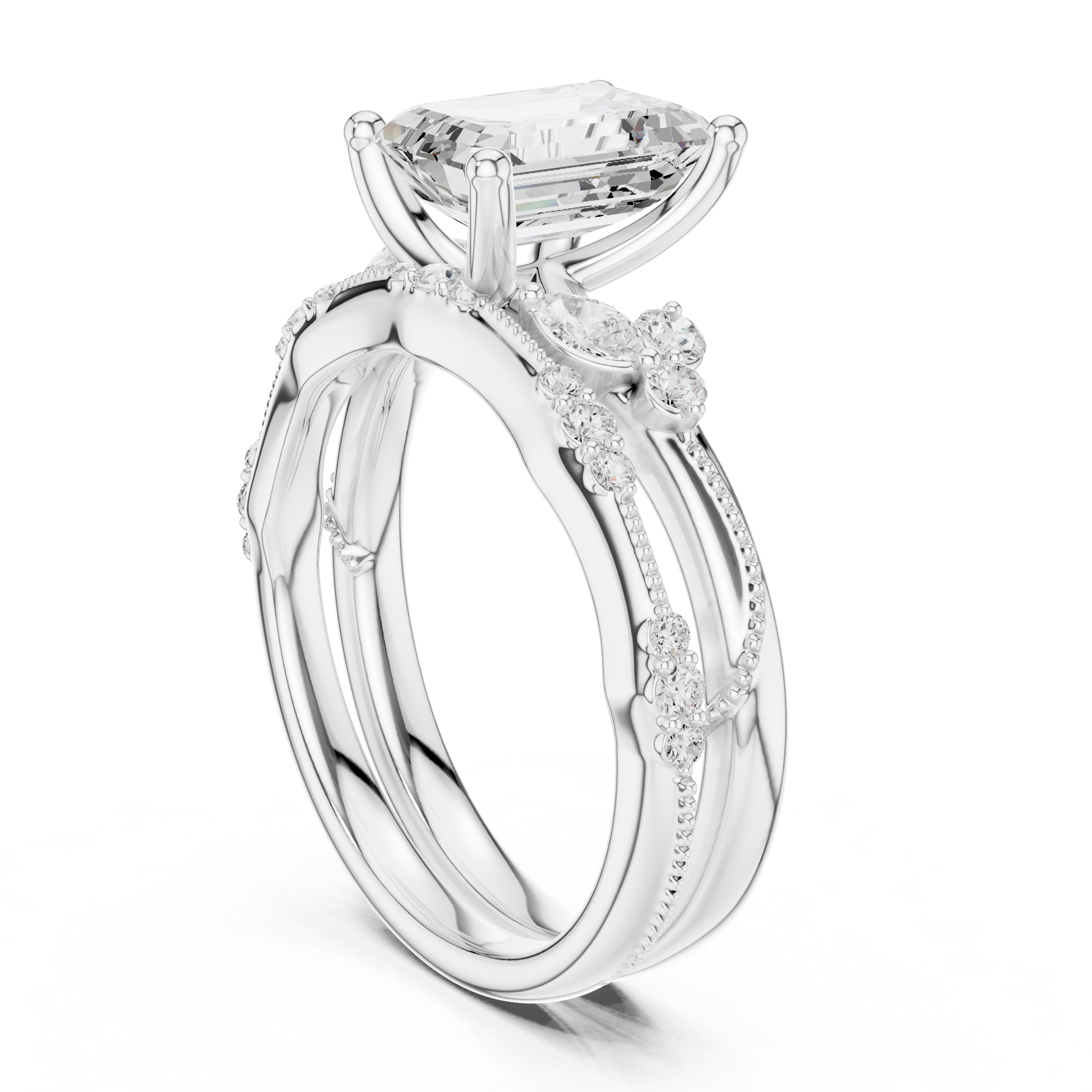 2.37 CT Emerald Cut Diamond Bridal Ring Set with Marquise Accents
