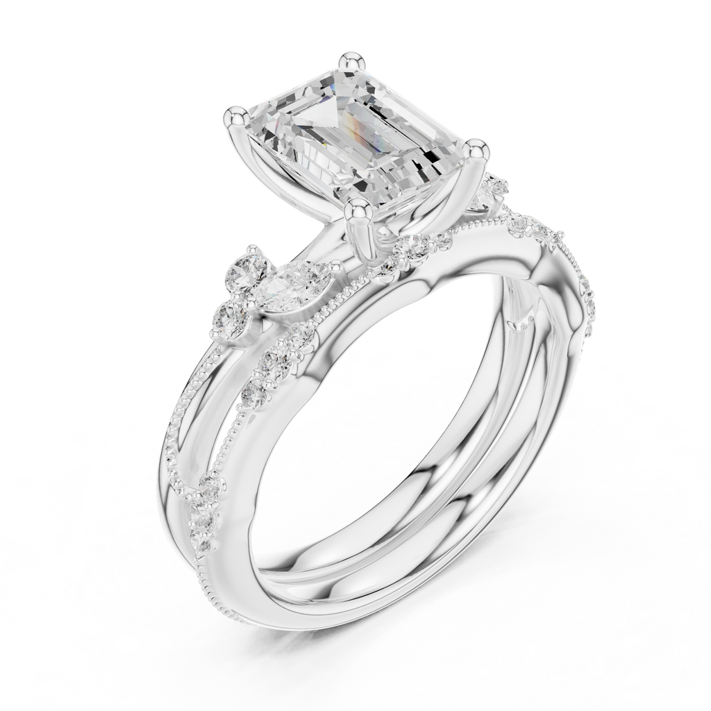 2.37 CT Emerald Cut Diamond Bridal Ring Set with Marquise Accents